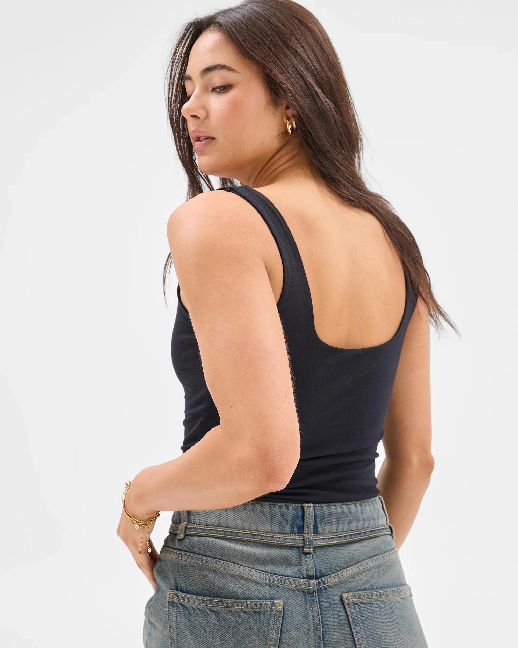 4 Australian Cotton Double Layer Square Neck Tank Top - Lily Loves BLACK, 4 of 6