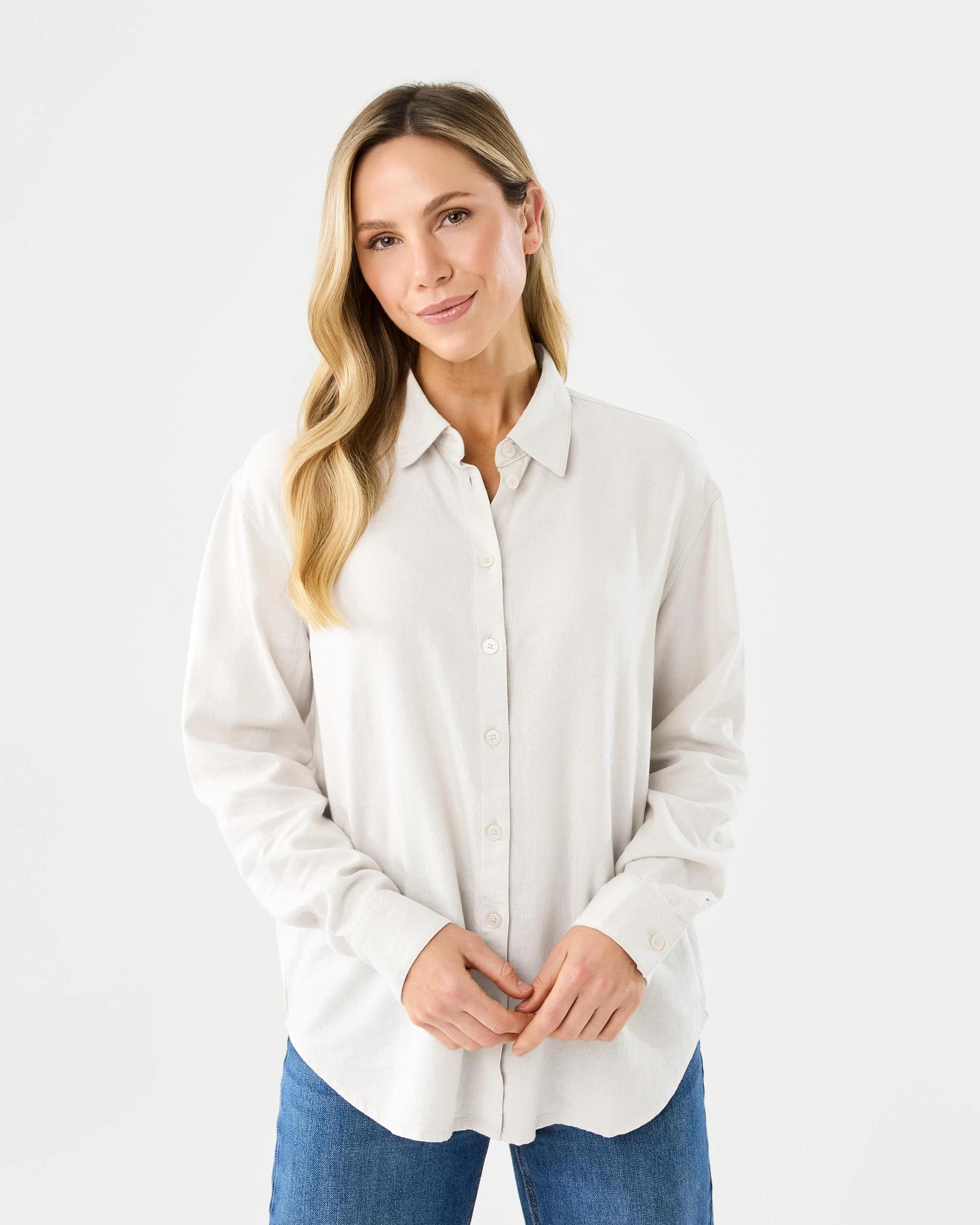 1 Long Sleeve Linen Blend Shirt Nat Beige, 1 of 7