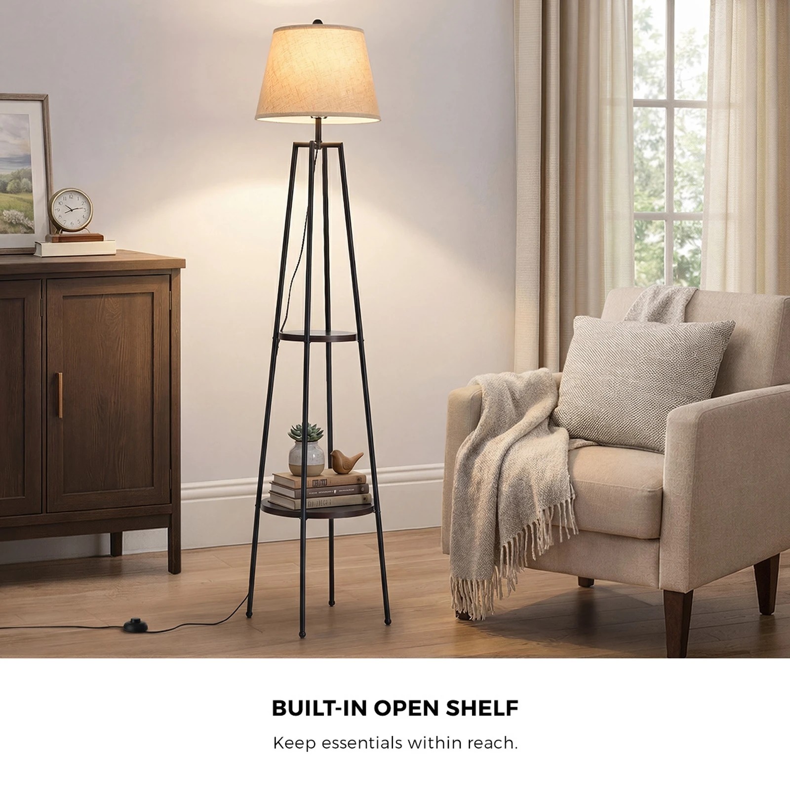 1 Oikiture Floor Lamps Fabric Shade Standing Lamp with Display Shelf - Black, 1 of 8