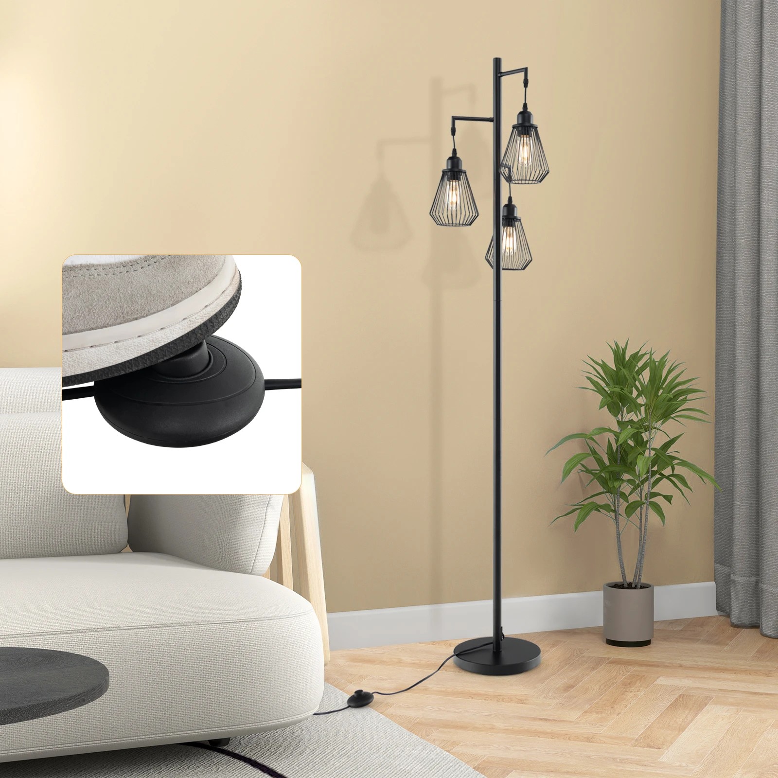 5 Costway 1.7M Tall Floor Lamp w/3 Birdcage Lampshades - Black, 5 of 7