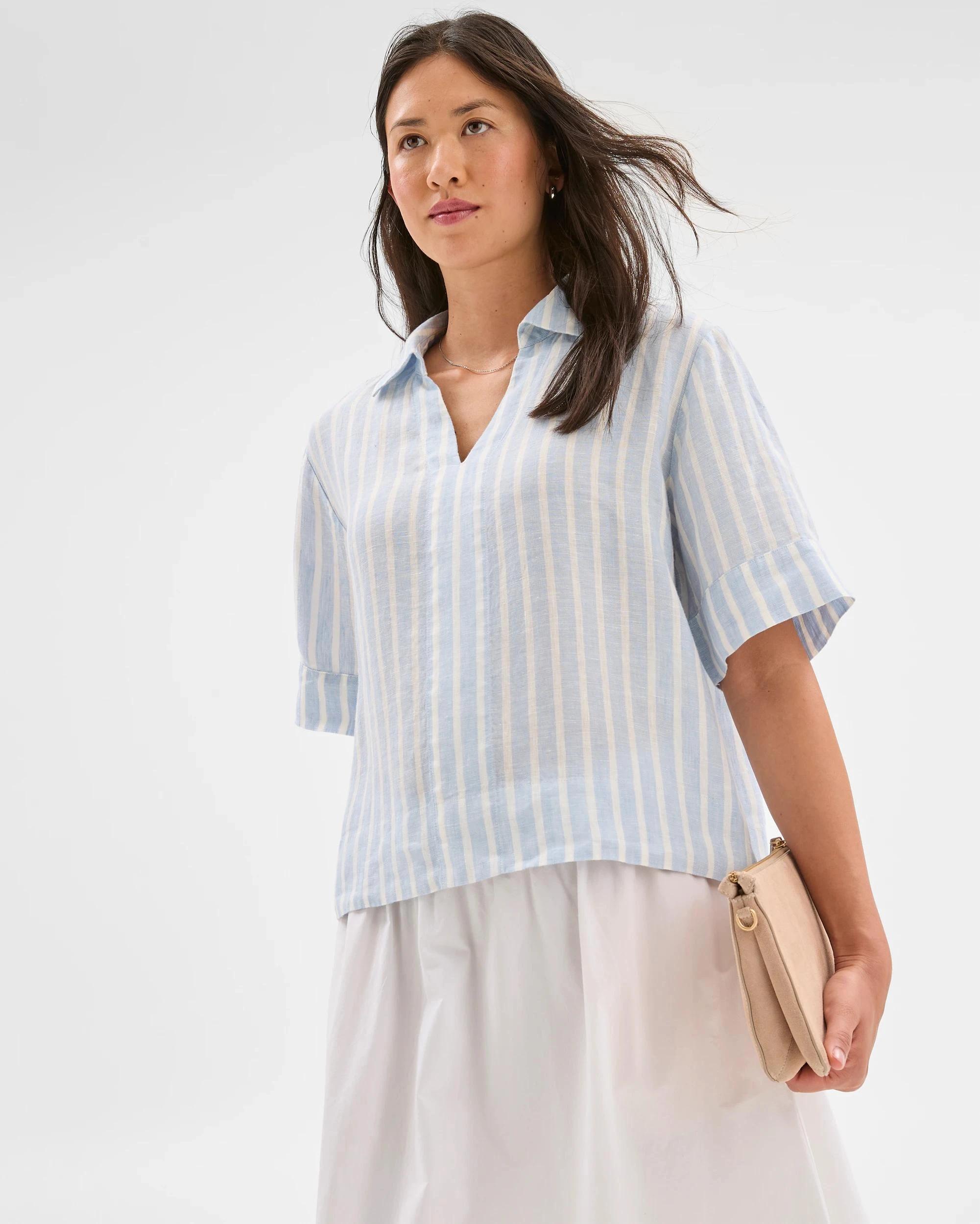 3 Target Woman European Linen Popover Top BLUE / WHITE STRIPE, 3 of 6