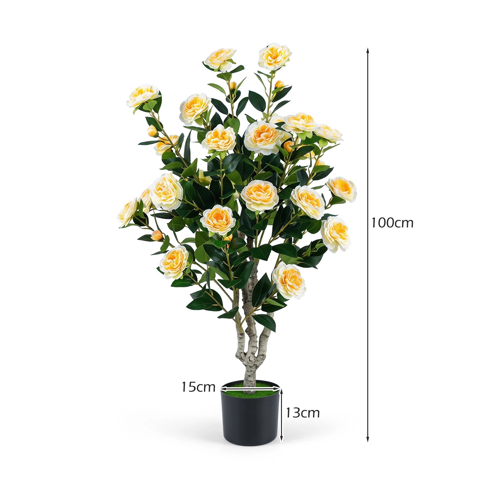 2 Costway 100cm Artificial Camellia Tree Faux Flower Plant Tree 2 Pack - Orange, 2 of 3