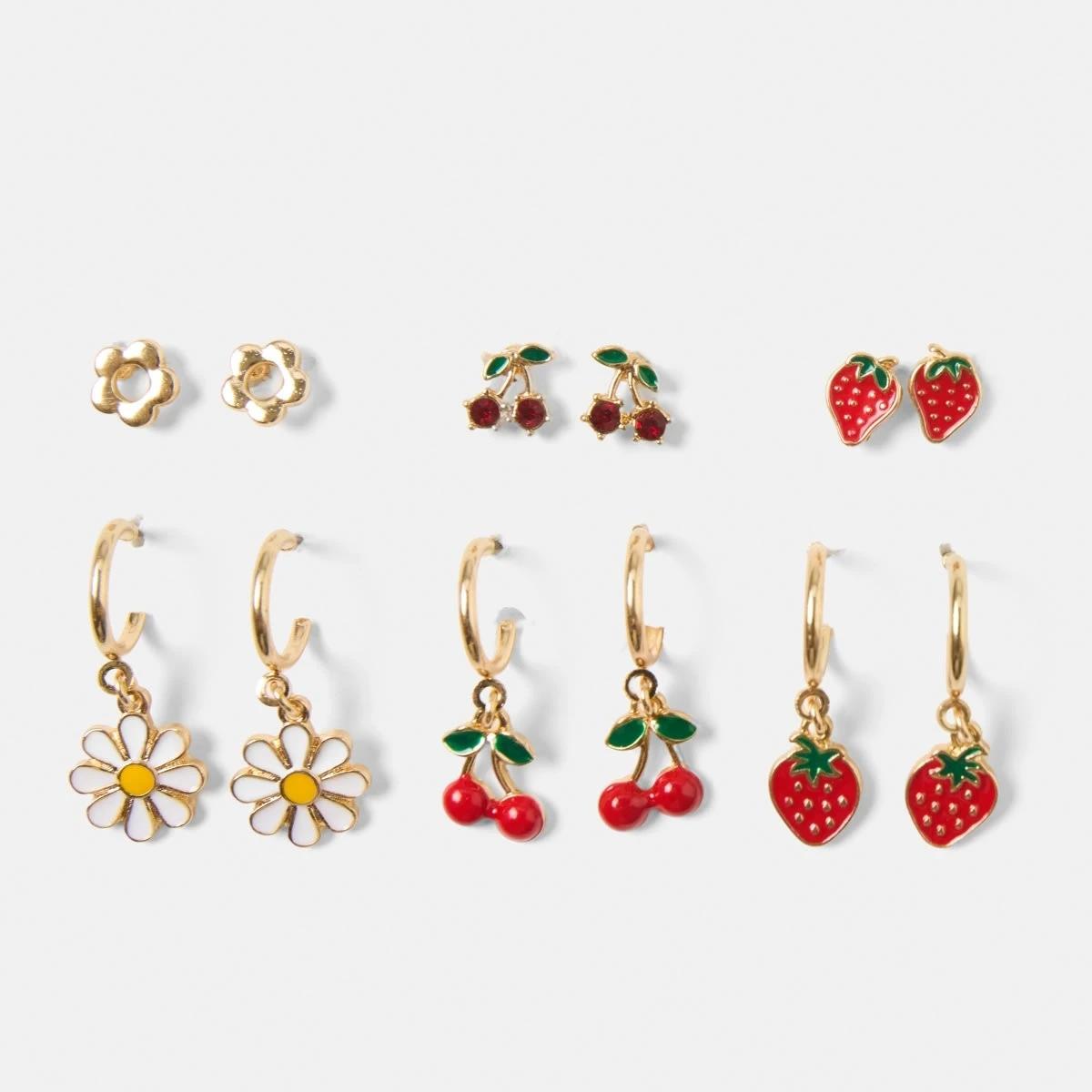 1 6 Pack Fruit Stud and Hoop Earrings - Gold Tone Gold, 1 of 5