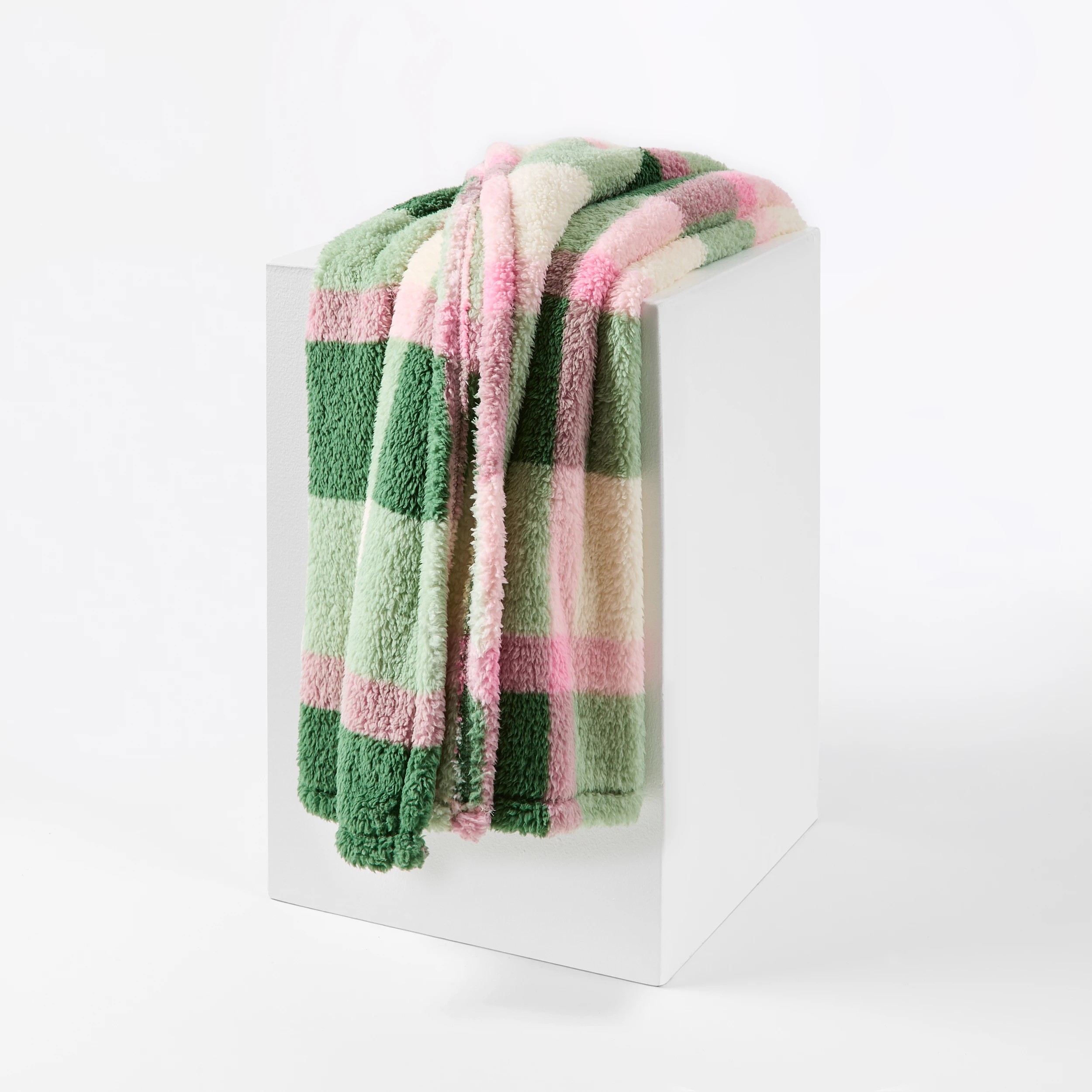 1 Check Teddy Fleece Throw - Pink and Green, 1 of 6