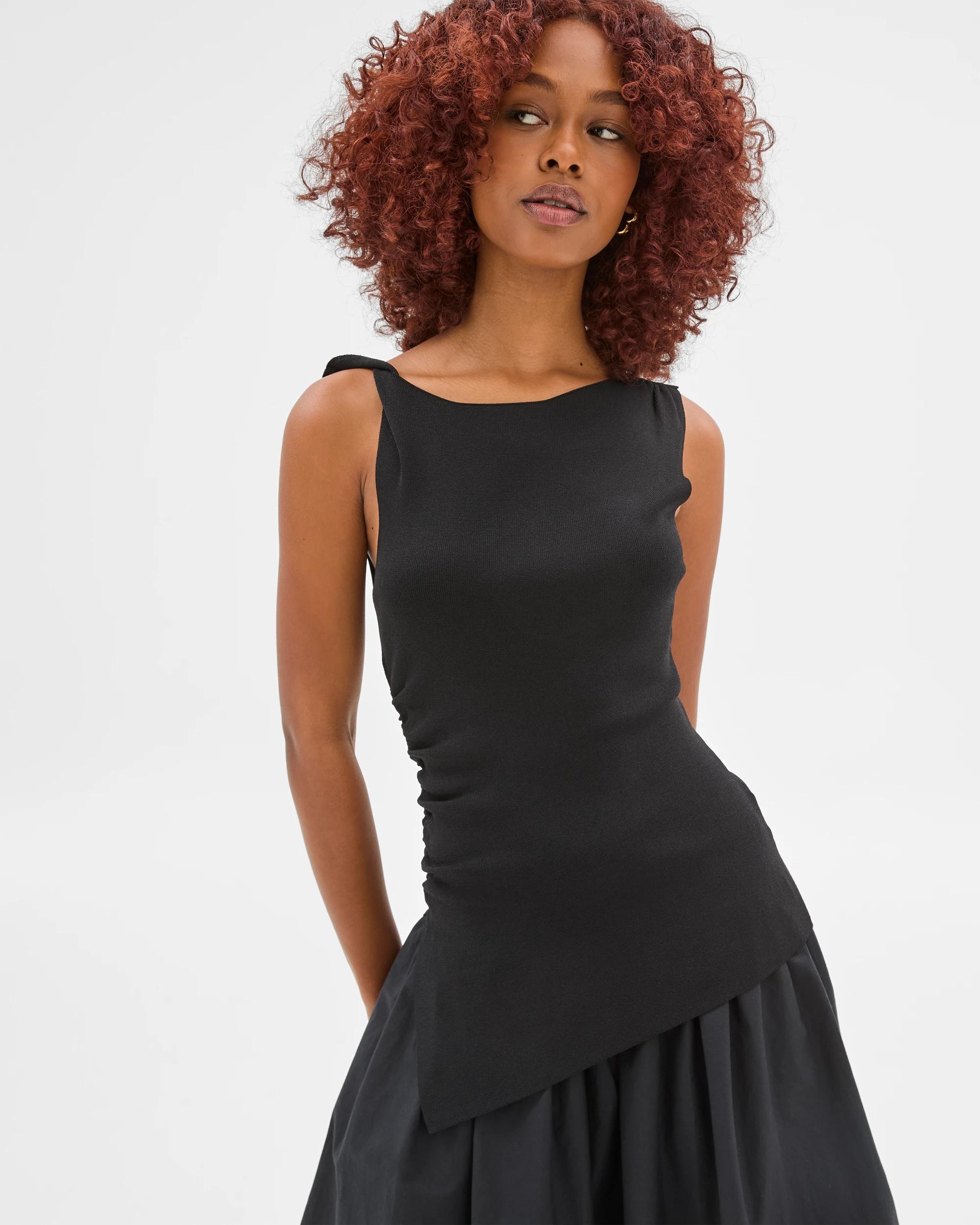 2 Target Petites Sleeveless Asymmetrical Crepe Knit Top BLACK, 2 of 6