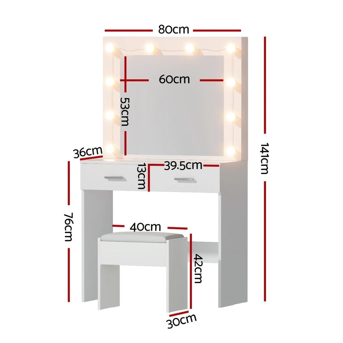 4 Artiss Dressing Table Vanity Desk Set Stool 10 Led Bulbs - White, 4 of 8