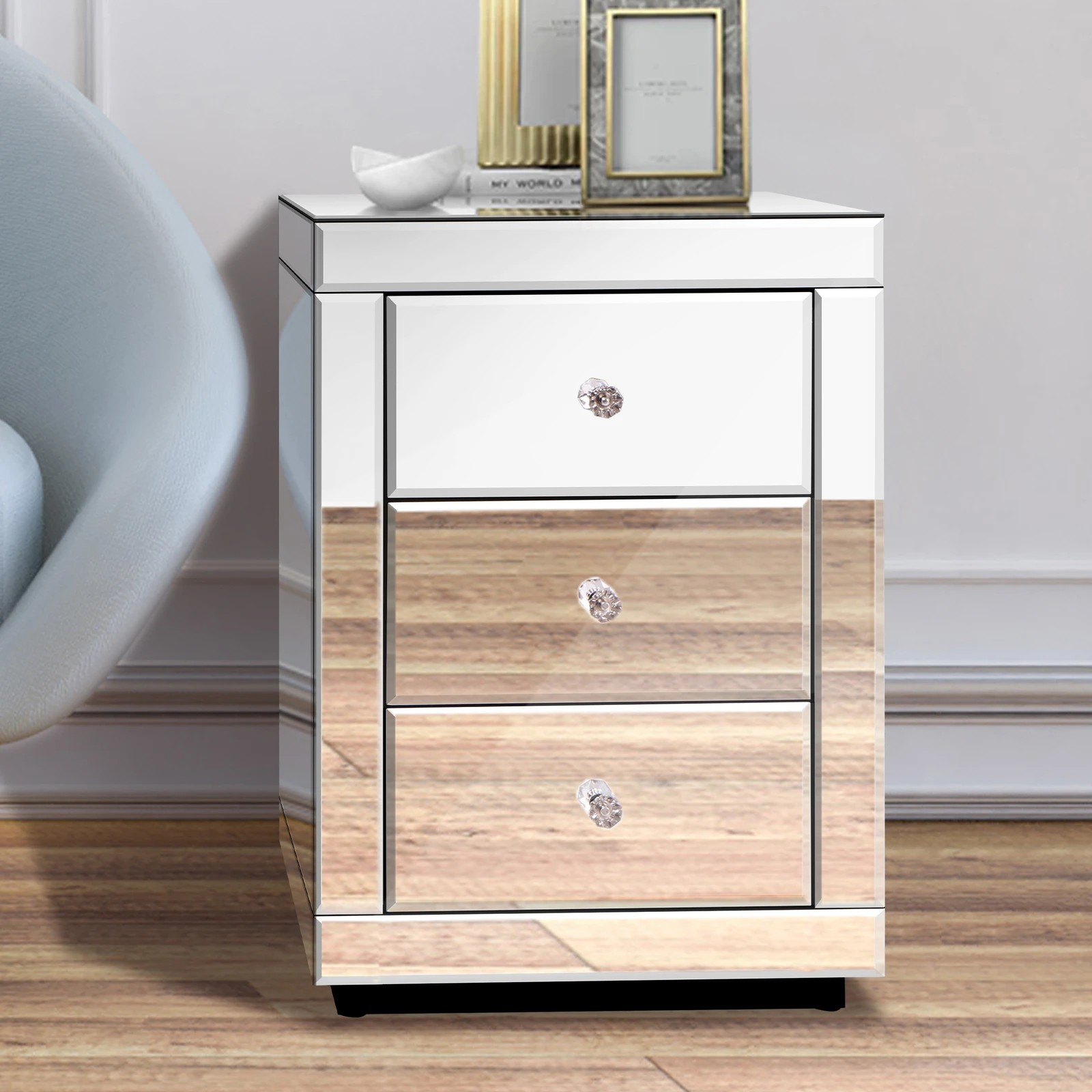4 Alfordson Bedside Table Mirrored Cabinet Nightstand Side End Table Drawers - Silver, 4 of 10
