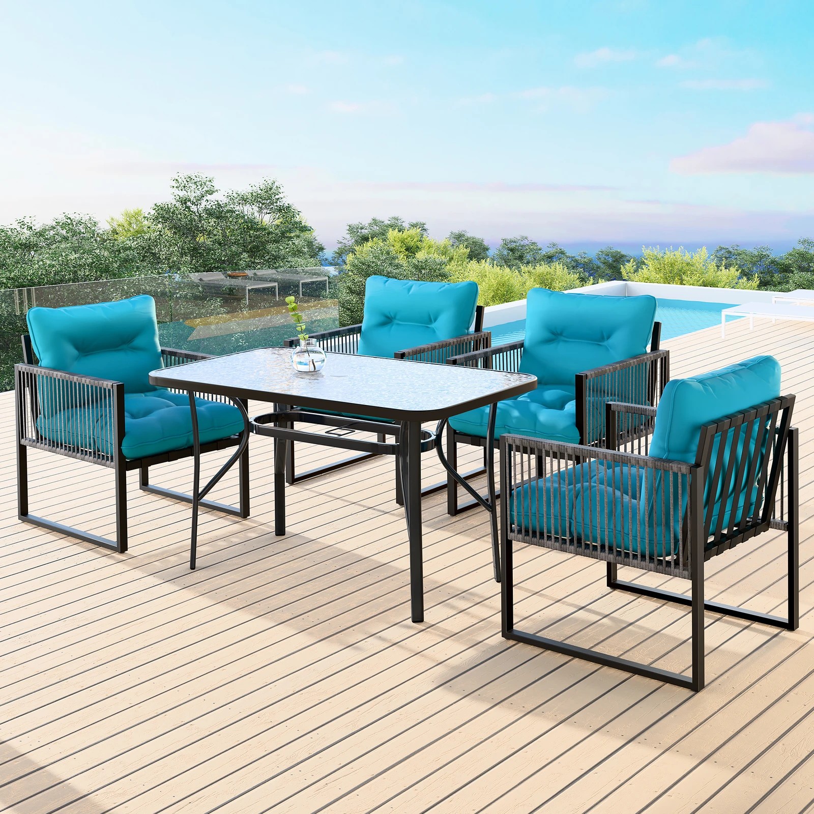 2 Alfordson 5PCS Outdoor Dining Set Table and Lounge Chairs Patio Furniture Wicker - Blue, 2 of 10