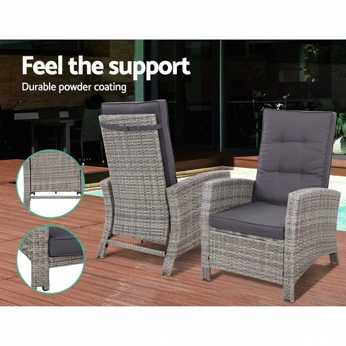 3 Gardeon Recliner Chair Sun lounge Wicker Lounger Outdoor Patio Furniture - Grey, 3 of 6