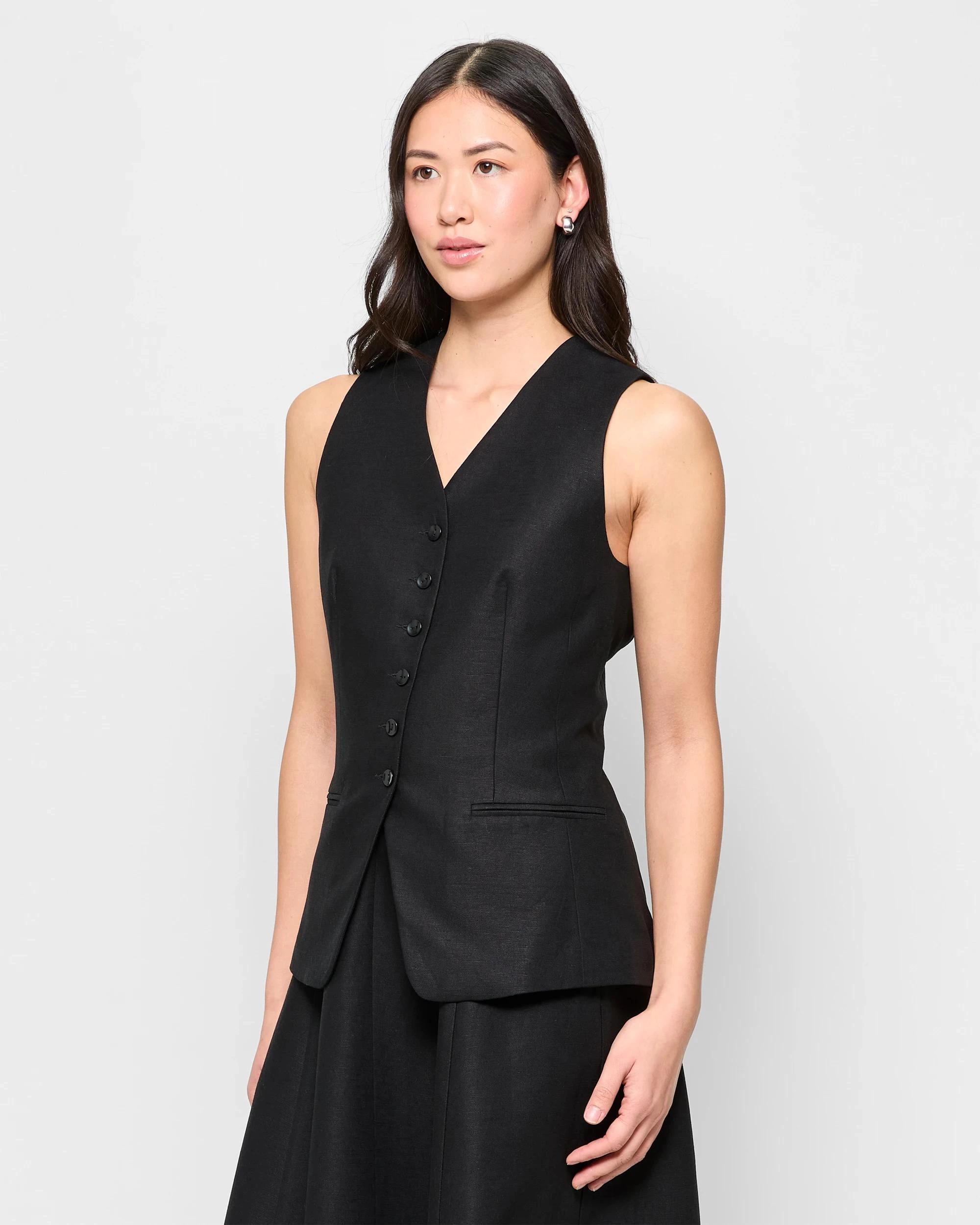 3 Linen Blend Longline Vest - Preview BLACK, 3 of 5