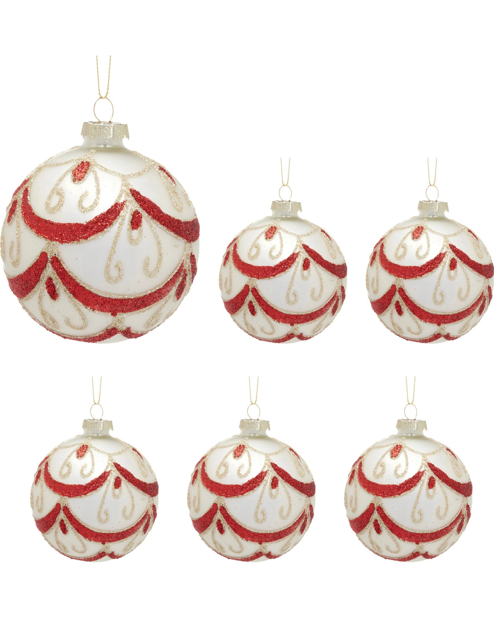 1 Christabelle White Glass Baubles 6Pcs with Red and Champagne Sparkle Swirls Balls Christmas Tree Decoration Ornament, 1 of 8