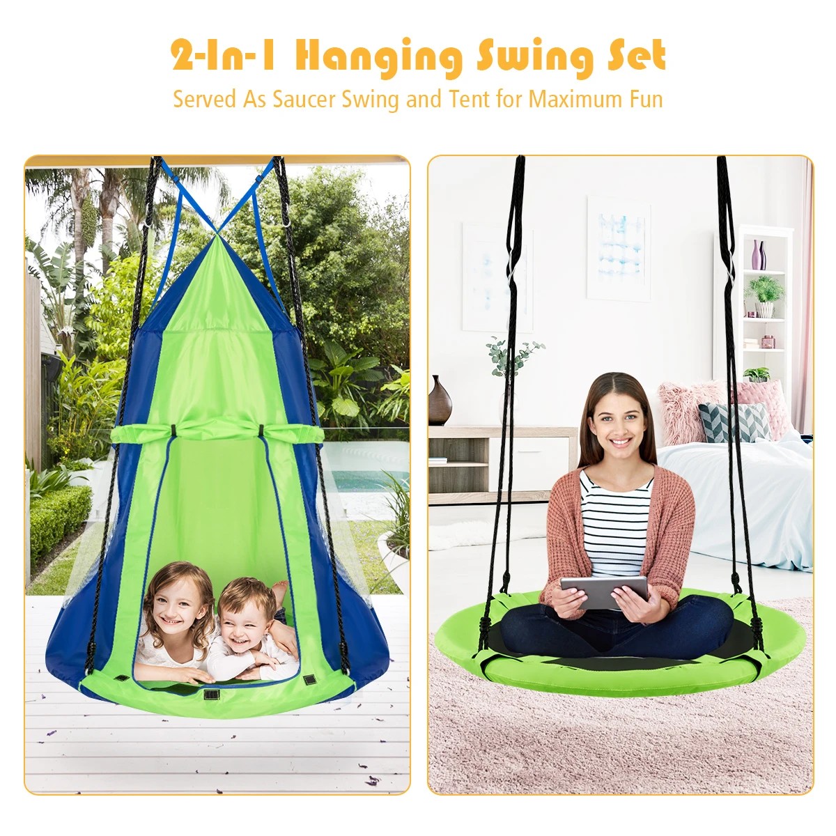4 Costway 2-in-1 Tree Swing Hanging Tent Set Hammock - Green, 4 of 5