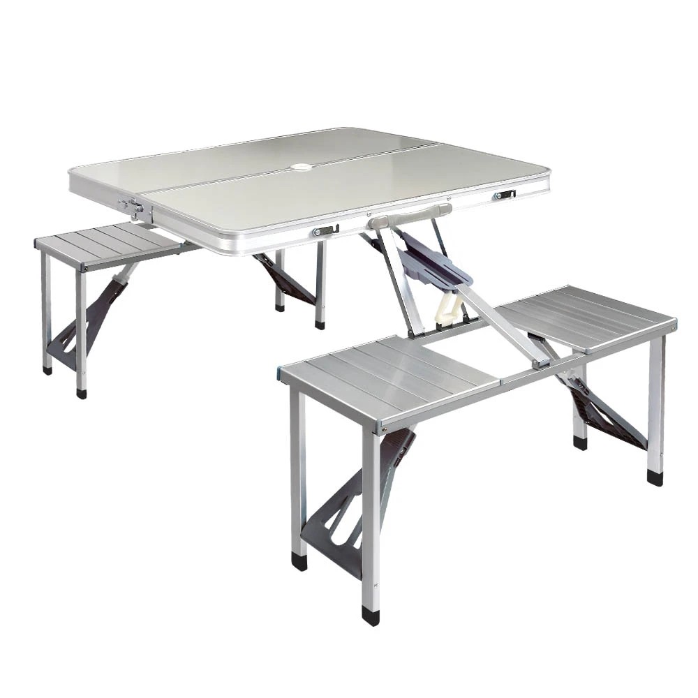 1 Weisshorn Folding Camping Table Outdoor Picnic BBQ With 2 Bench Chairs Set - Silver, 1 of 6