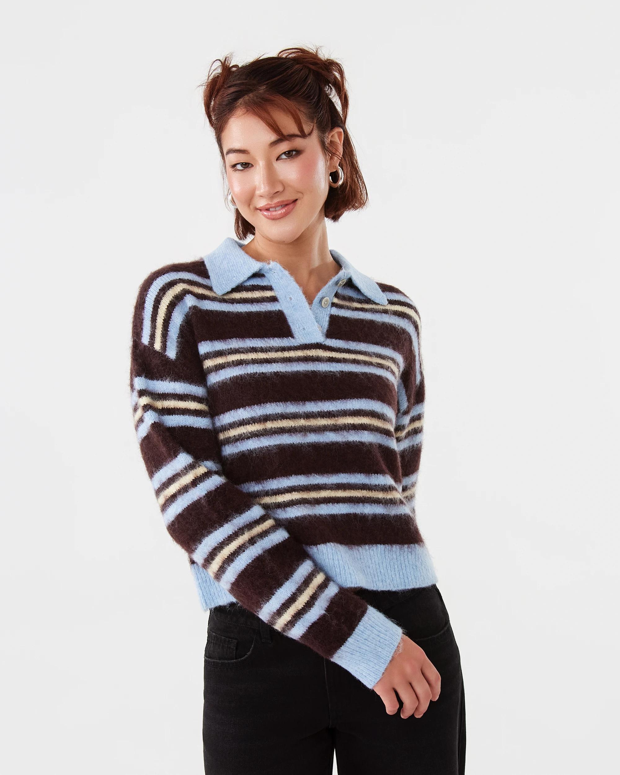 1 Long Sleeve Fluffy Polo Jumper Nvy Stripe, 1 of 8