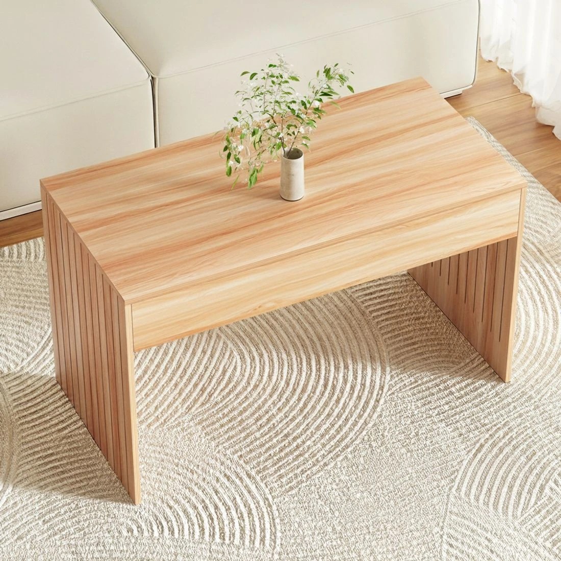 4 Artiss Coffee Table Rectangle Fluted Side 100CM - Natural, 4 of 6