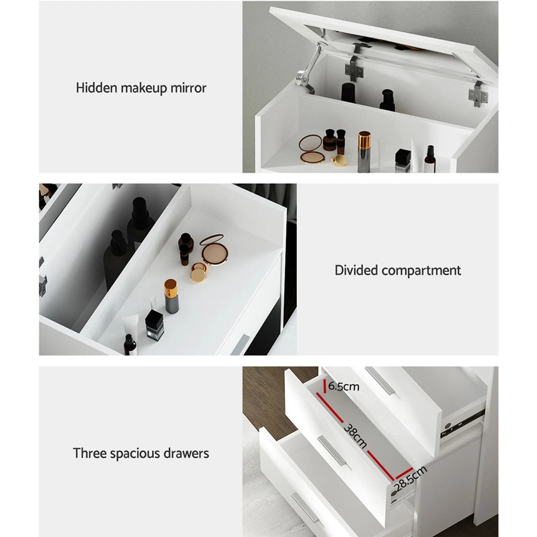 7 Artiss 2-in-1 Dressing Table Stool Set Bedside Table Vanity Mirror Stool Set Makeup Storage Easy Assembly - White, 7 of 8