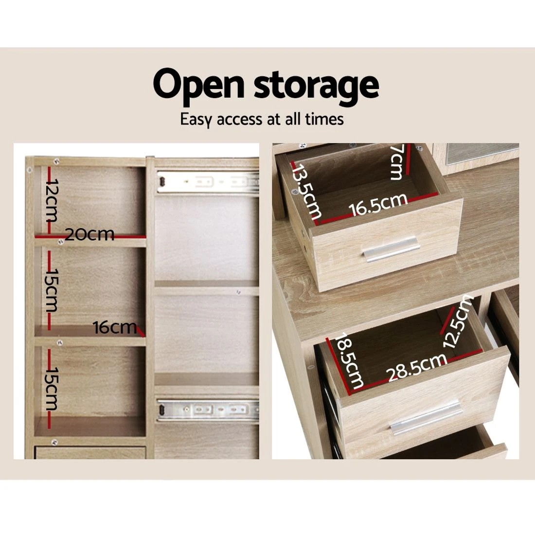 7 Artiss Dressing Table Stool Set Sliding Mirror Oak Diane - Natural, 7 of 8