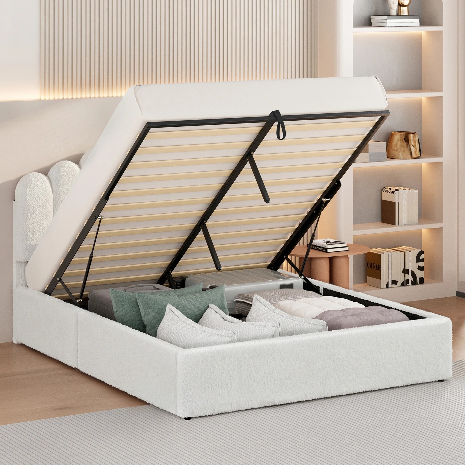 4 Alfordson Bed Frame Queen Size Gas Lift Storage Base Wooden Boucle Mutis - White, 4 of 9