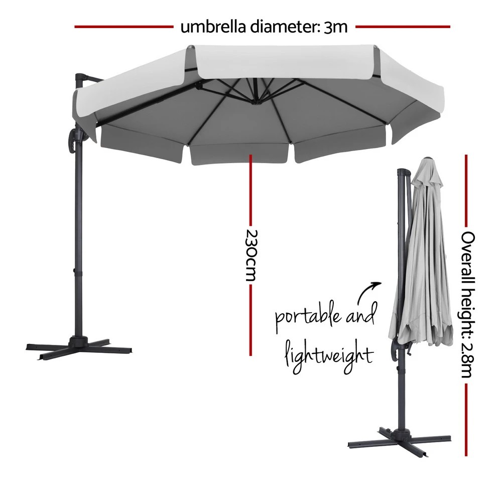 2 Instahut 3m Outdoor Umbrella Cantilever 360 Degree Tilt Beach Roma - Grey, 2 of 6