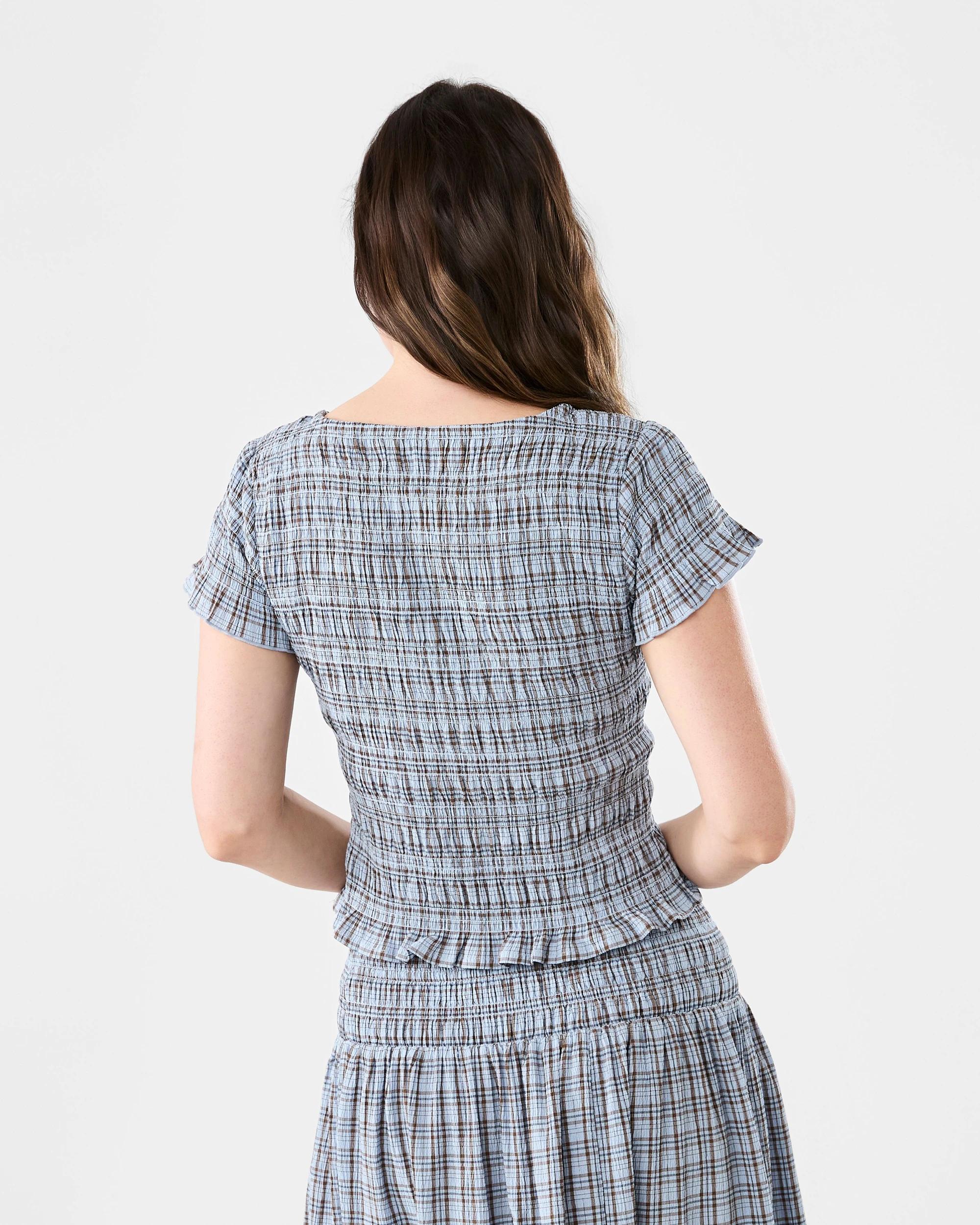 3 Short Sleeve Shirred Top Ging Blu, 3 of 6