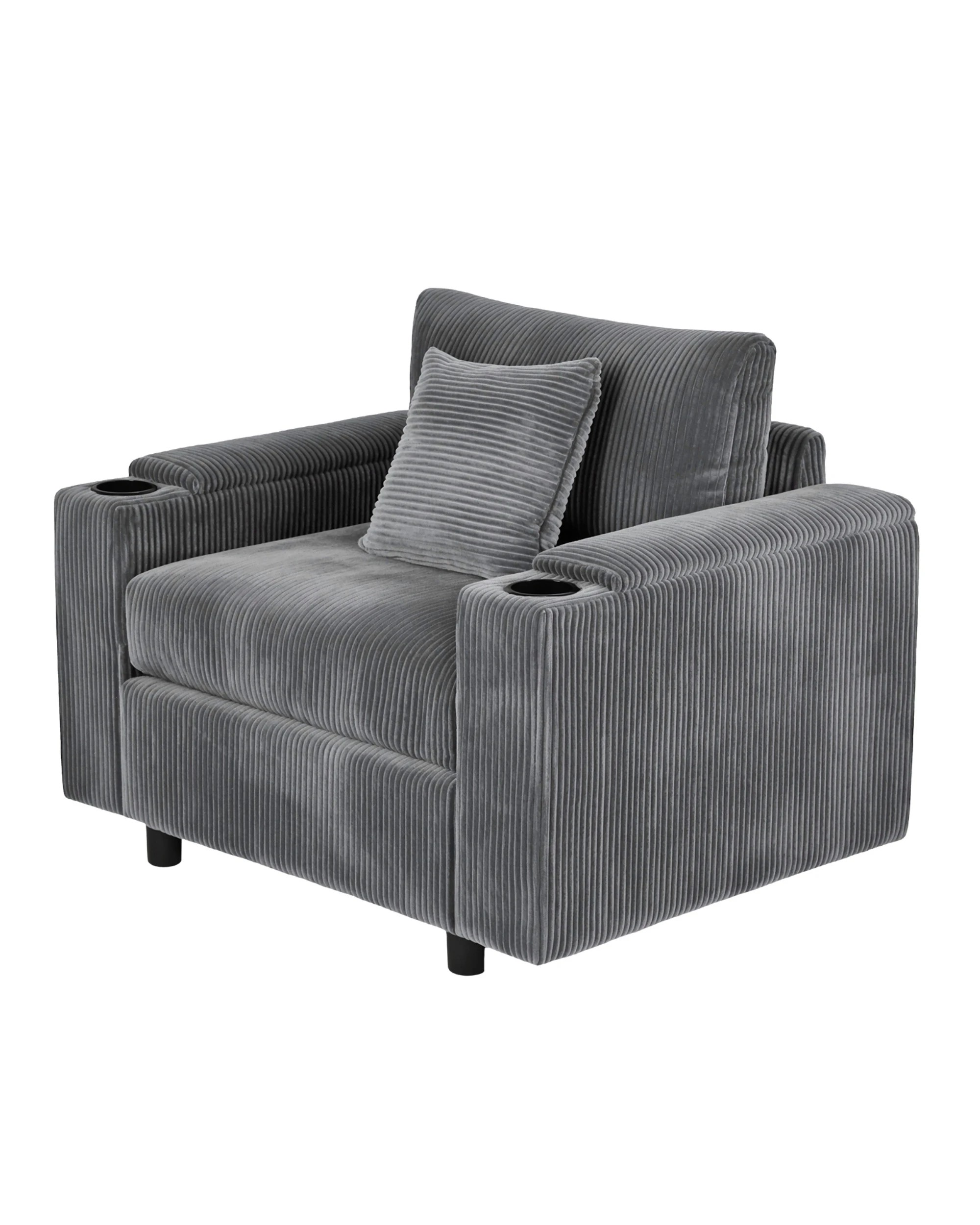 1 Advwin Single Sofa w/ Storage Armrests Corduroy Armchair w/ Cup Holder Modern Lounge Sofa Couch with Cushion, 1 of 9