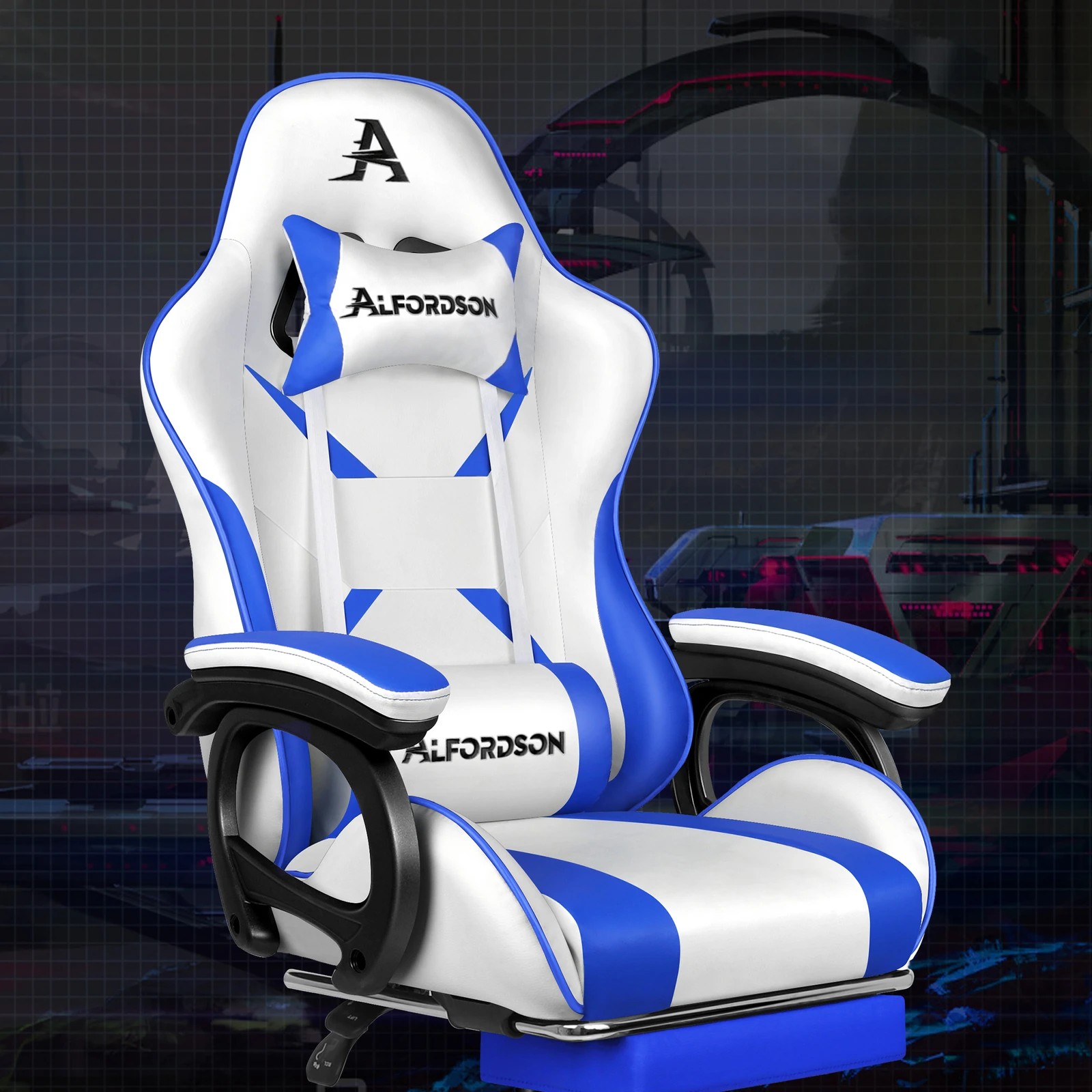 5 Alfordson Gaming Office Chair Racing Massage Computer Seat Footrest Leather - Blue, 5 of 9