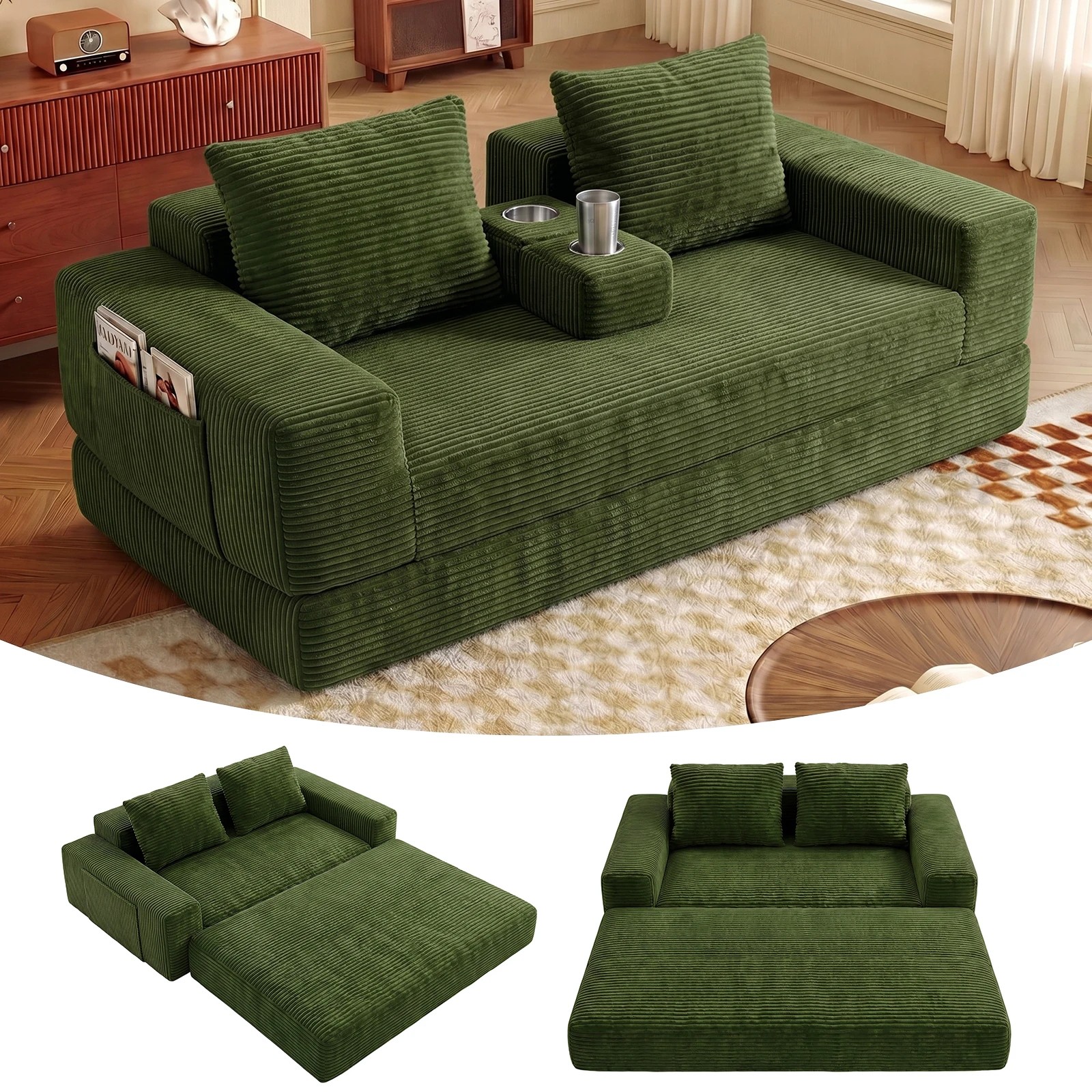 5 Advwin Folding Sofa Bed 2 in 1 Convertible Floor Loveseat Fold Out Corduroy Sleeper Couch - Green, 5 of 7