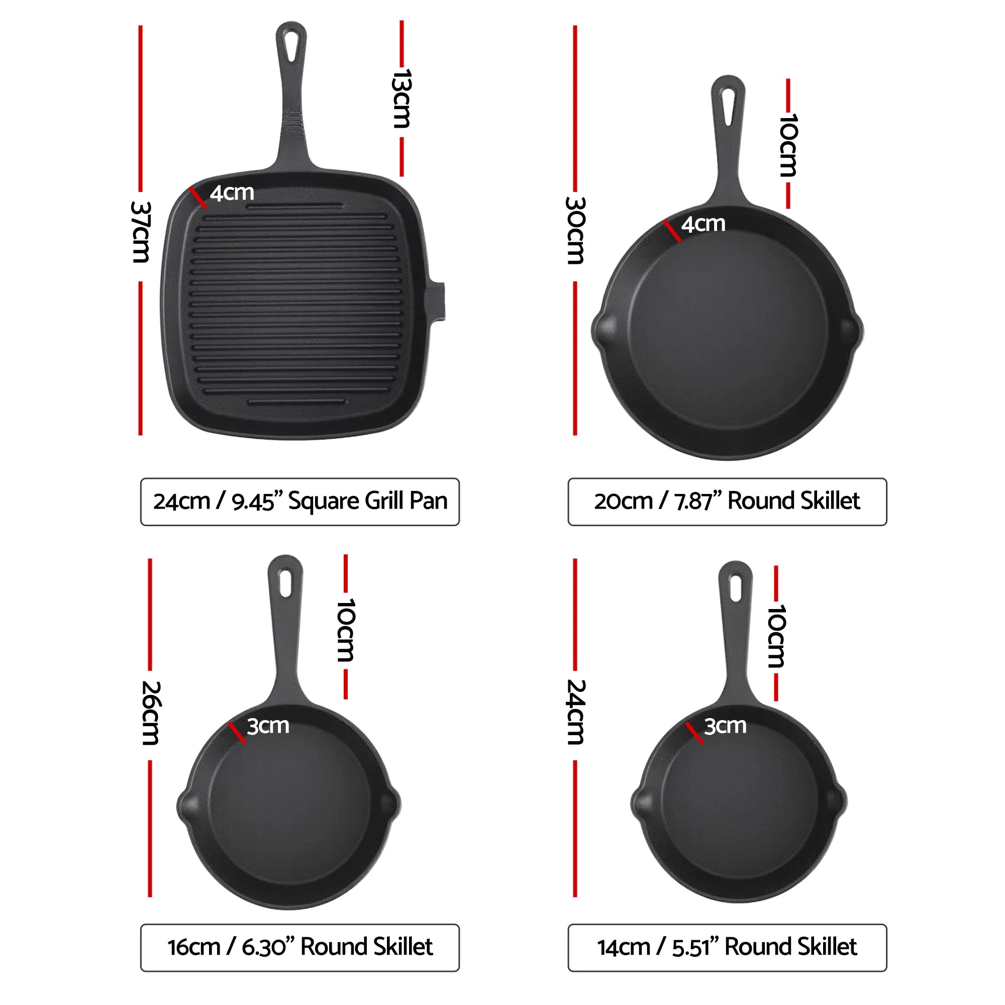 2 5-Star Chef 4 Piece Frying Pan Set Cookware for Gas Induction Ceramic Campfire 14/16/20/24cm - Black, 2 of 8