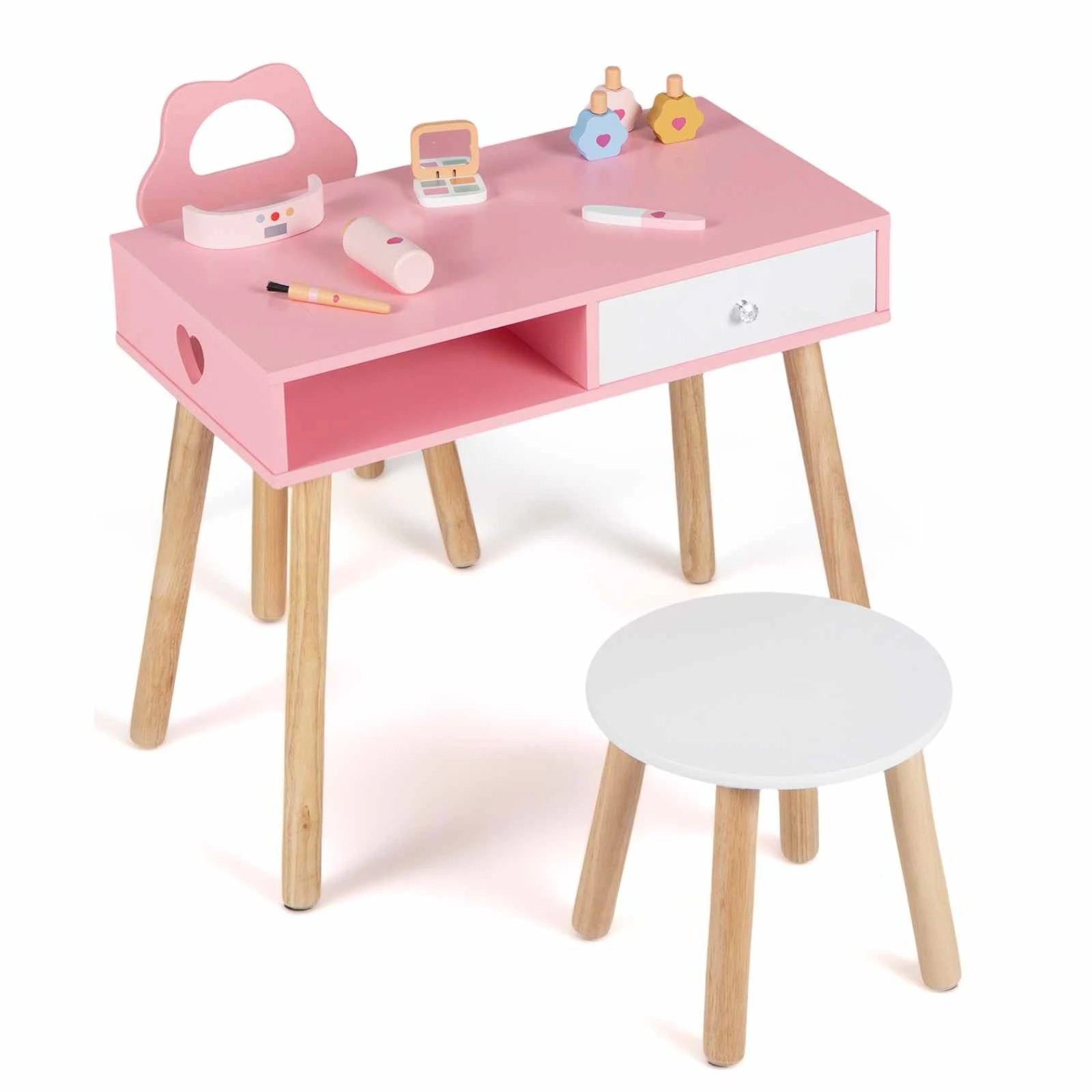 1 Costway Table Chair & Stool Set Pretend Nail Salon Playset - Pink, 1 of 9