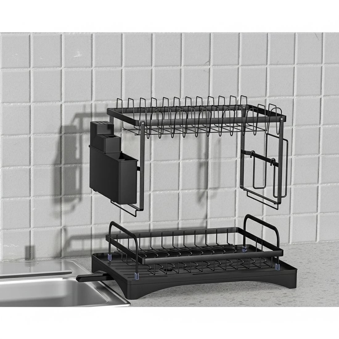 3 Cefito Dish Rack 2 Tiers Expandable Drainer - - Black, 3 of 4