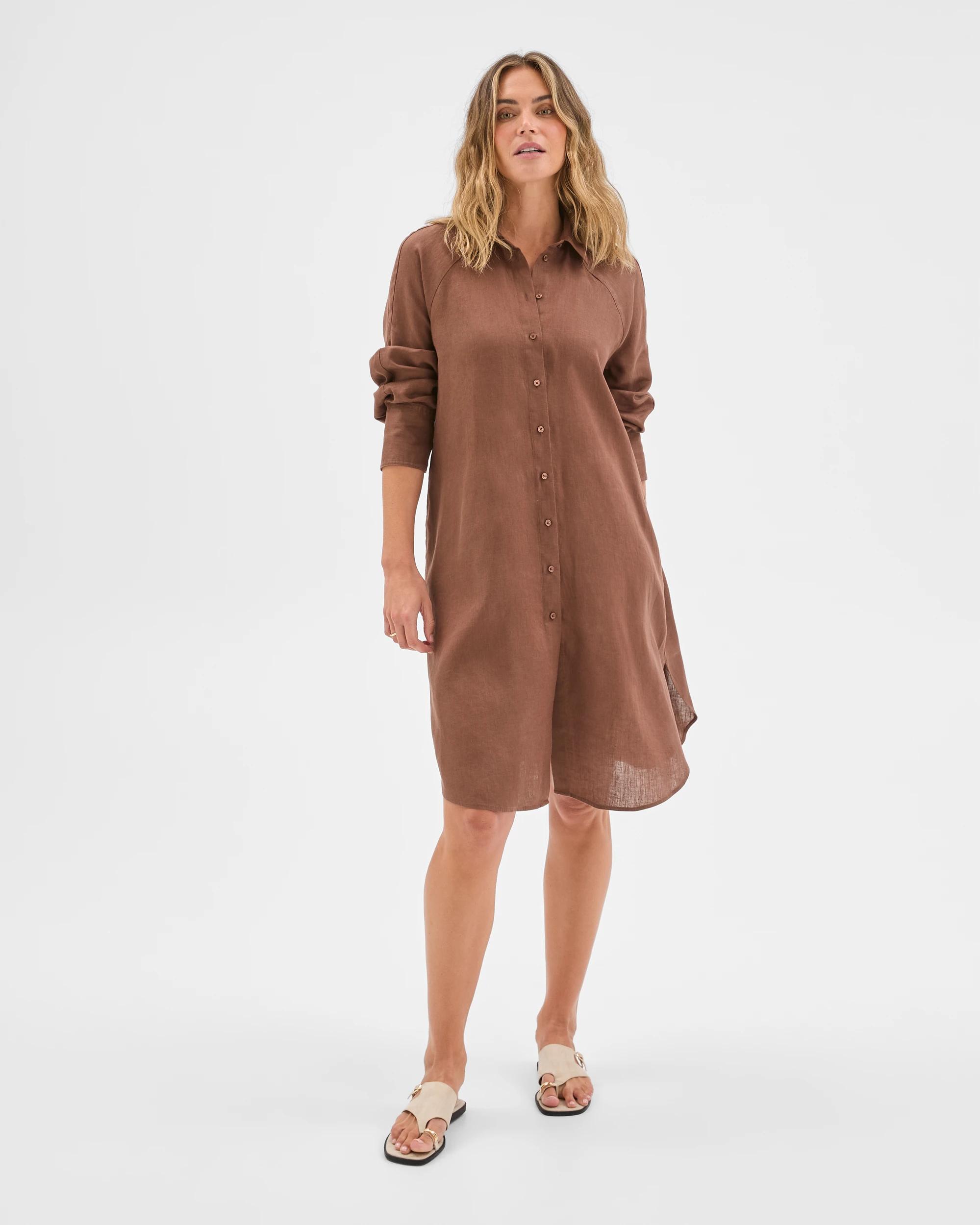 5 Target Woman European Linen 3/4 Sleeve Midi Shirt Dress WARM BROWN, 5 of 6