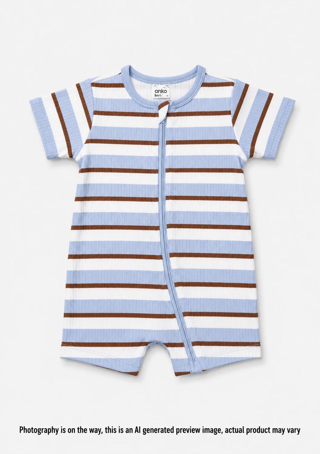 1 Short Sleeve Rib Zip Romper Stripe, 1 of 3