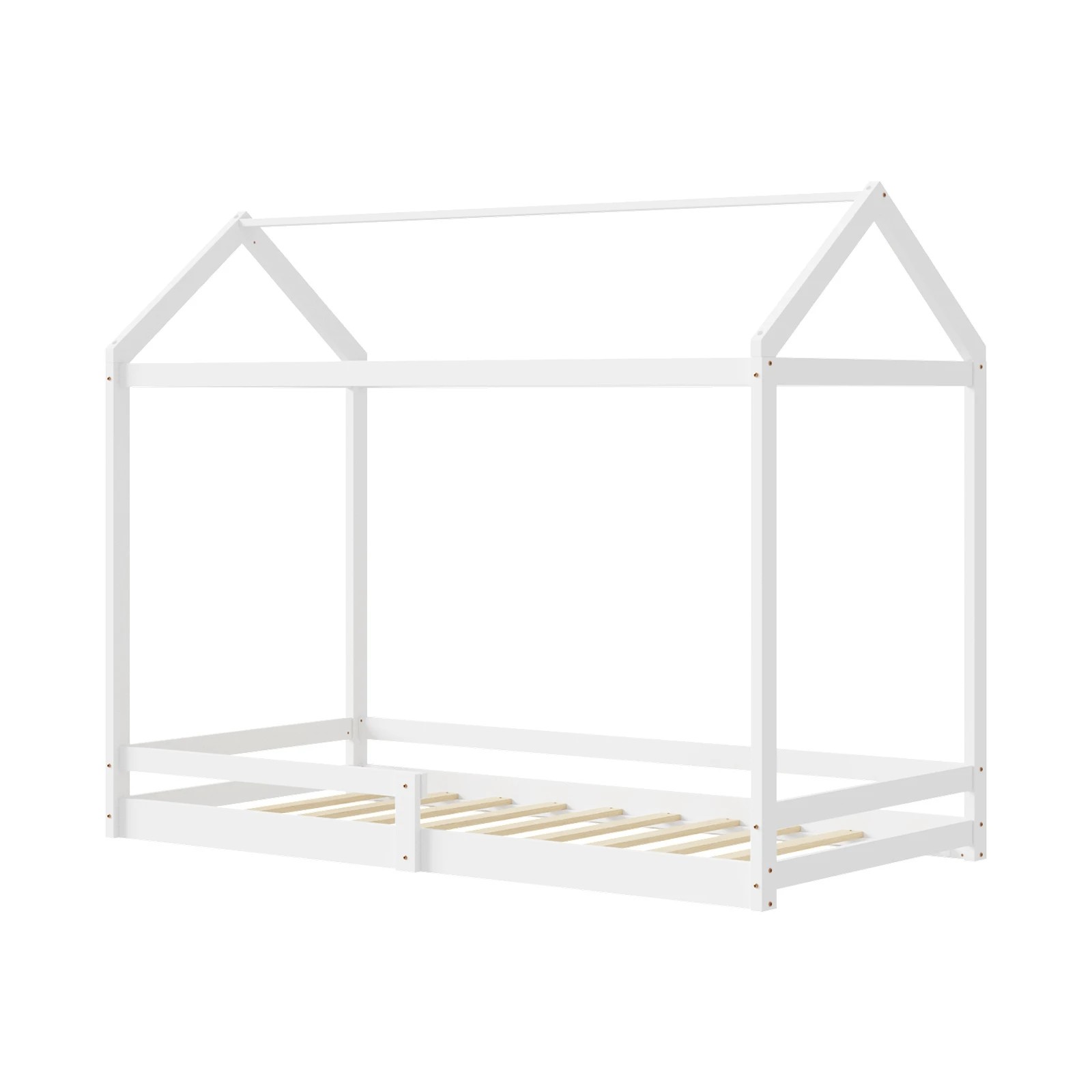 1 Oikiture Kids Wooden Bed Frame House Beds Base Timber With Fence Single
 - White, 1 of 10