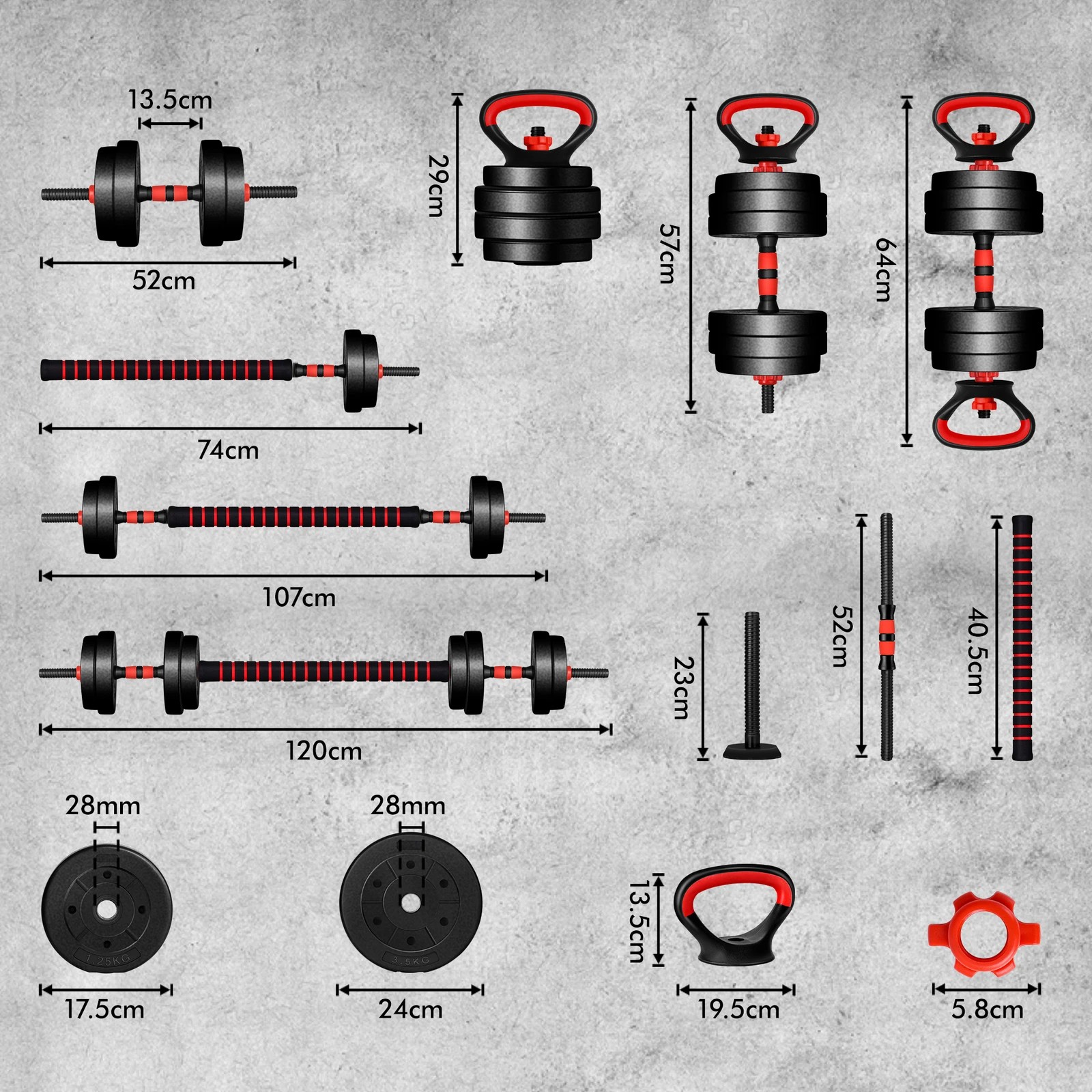 5 Black Lord Dumbbell Set 7in1 Adjustable Barbell Kettlebell Home Gym Fitness 20kg, 5 of 9