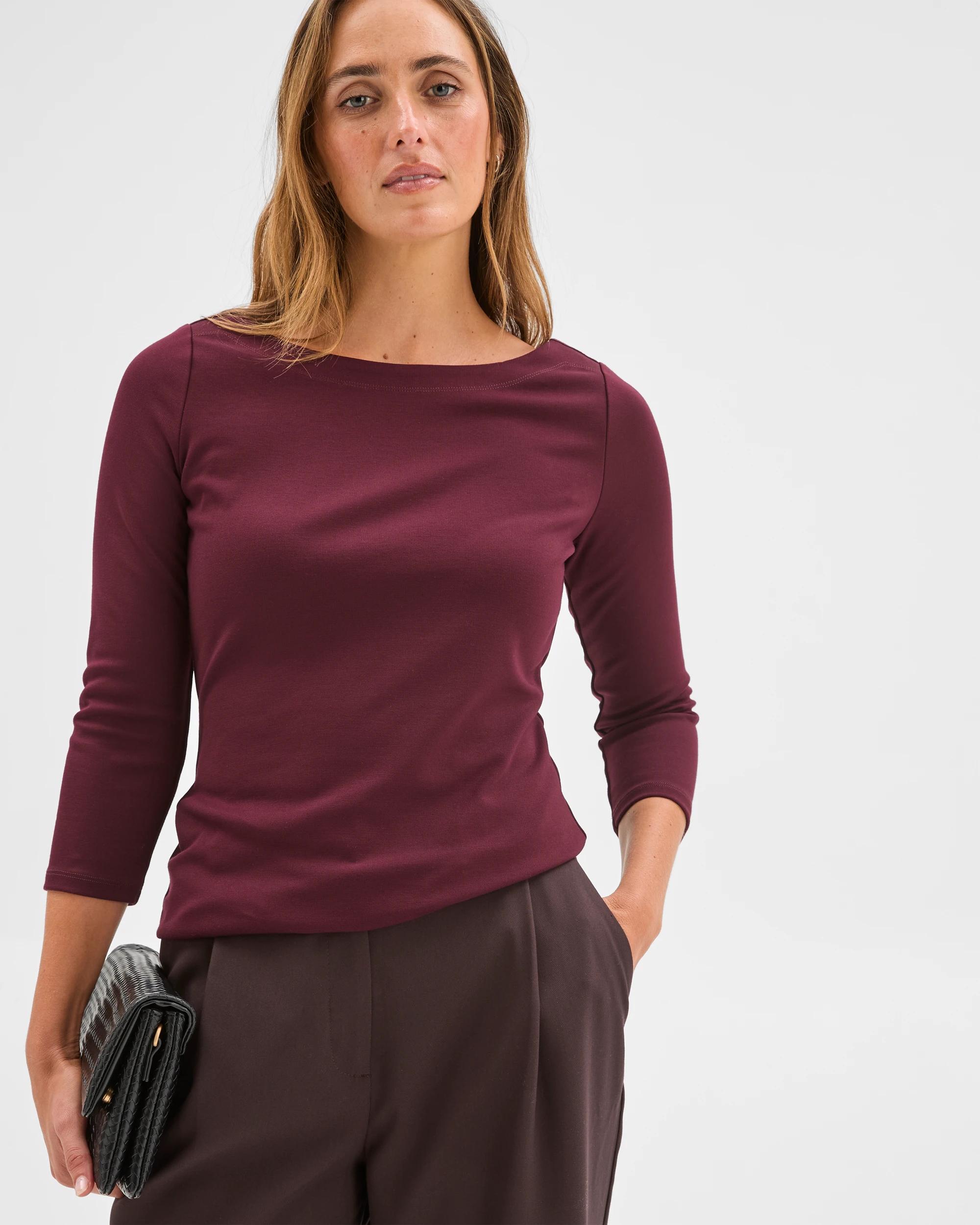 2 Preview 3/4 Sleeve Boat Neck Ponte T-Shirt PINOT, 2 of 6