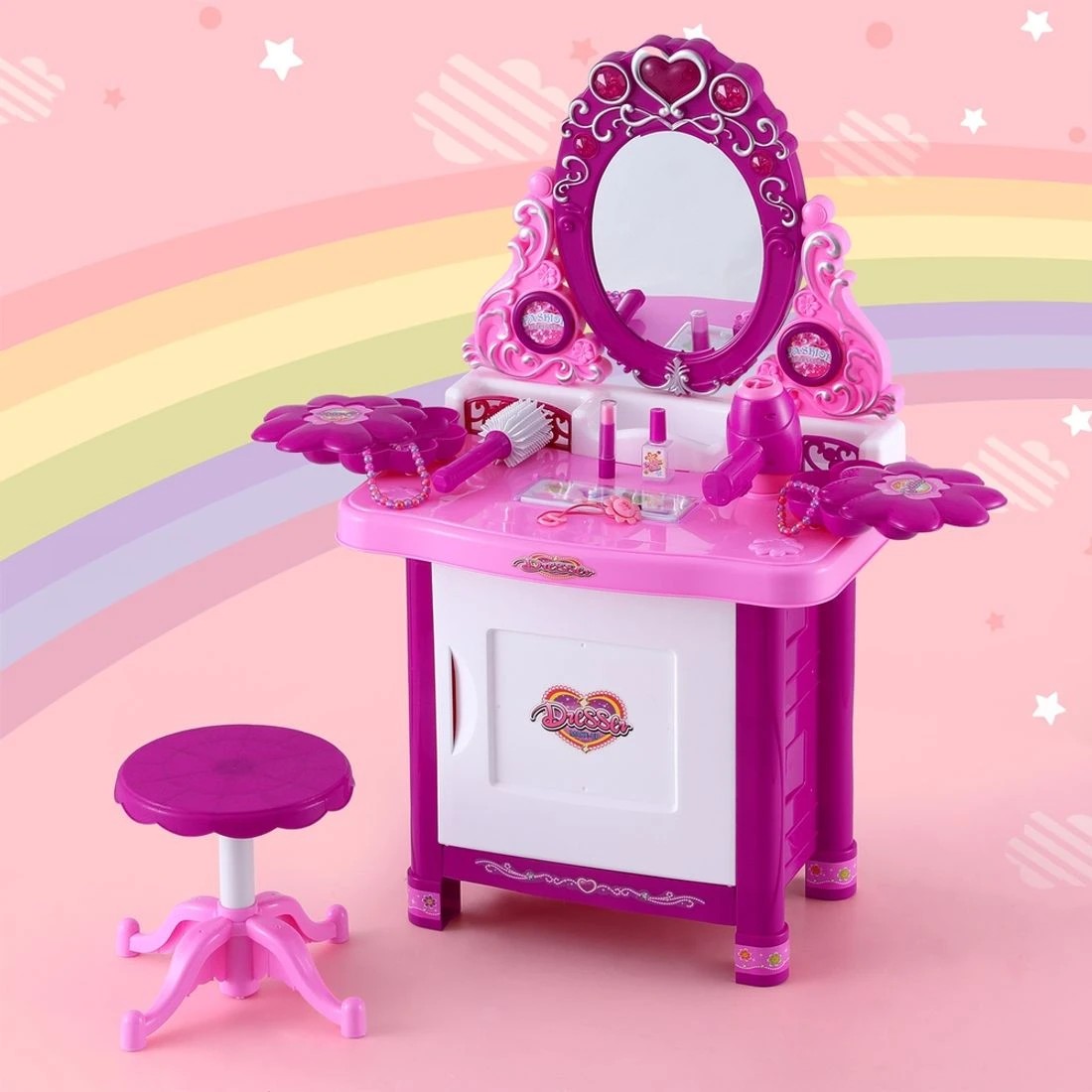 3 Keezi Kids Pretend Makeup Play Set Dressing Table Chair Girls Toys Children - Multi, 3 of 5