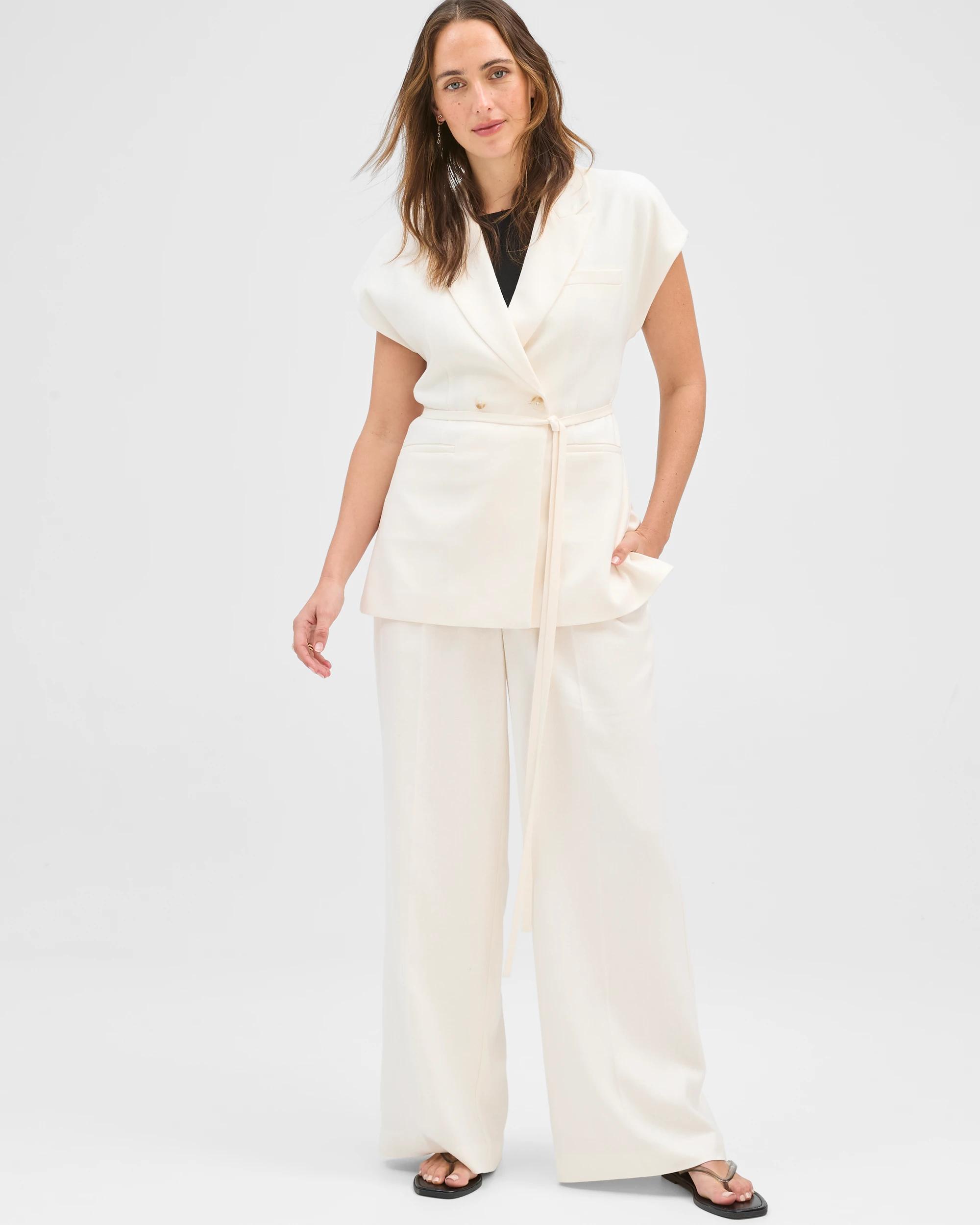 1 Preview Linen Blend Tailored Tie Waist Vest CLOUD DANCER, 1 of 7
