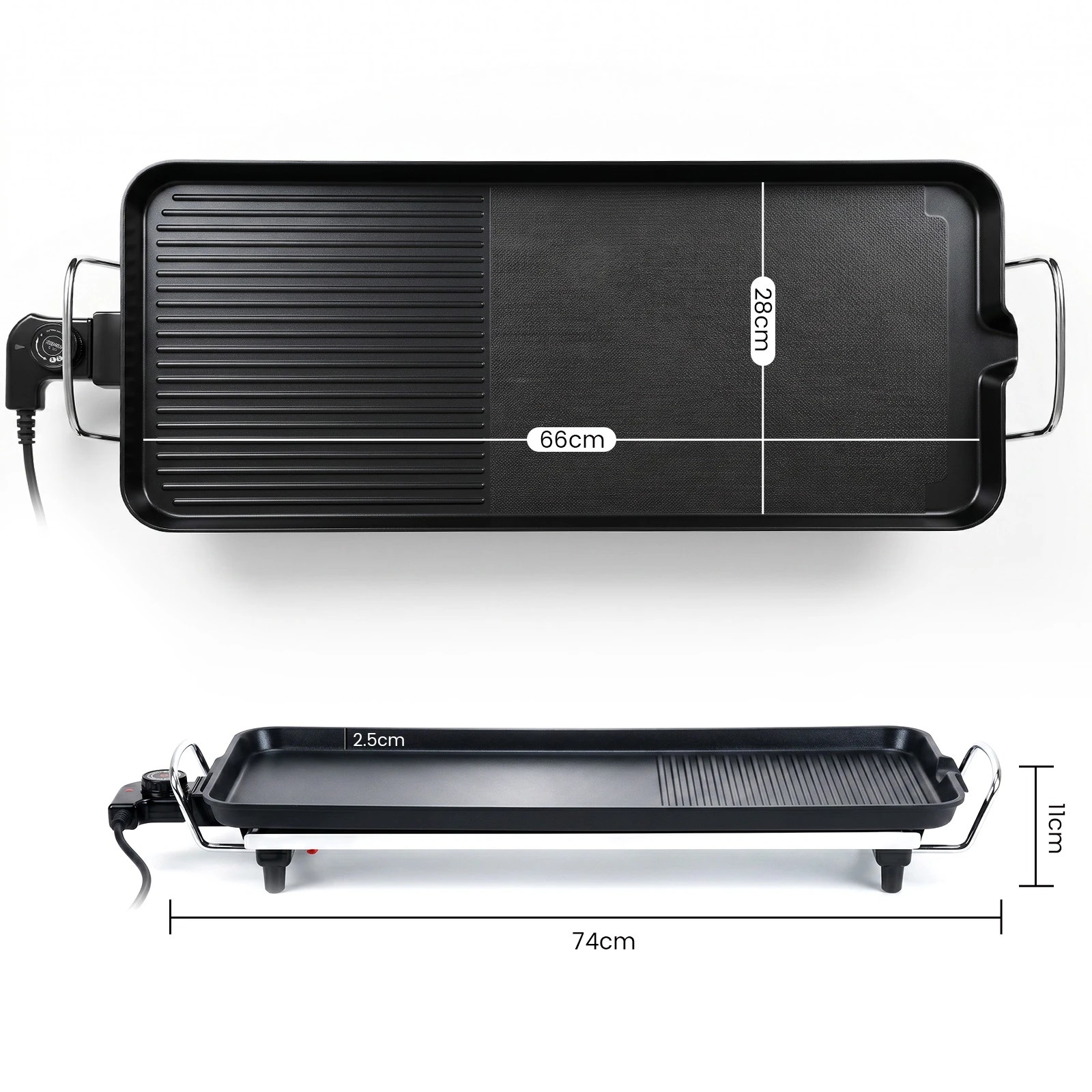 3 Yopower 70cm Electric Grill with Ribbed & Flat Surface - Black, 3 of 4