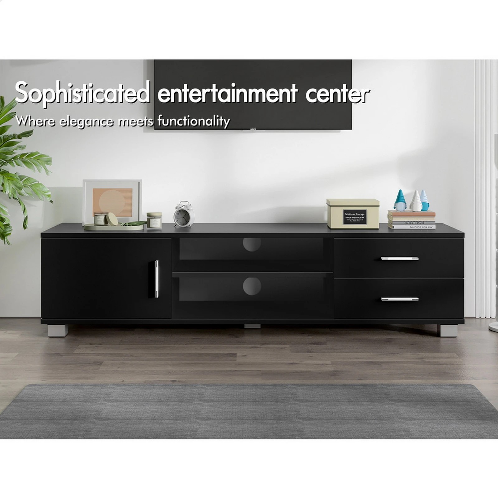 2 Alfordson Entertainment Unit TV Cabinet Stand 120cm Storage Drawer - Black, 2 of 8