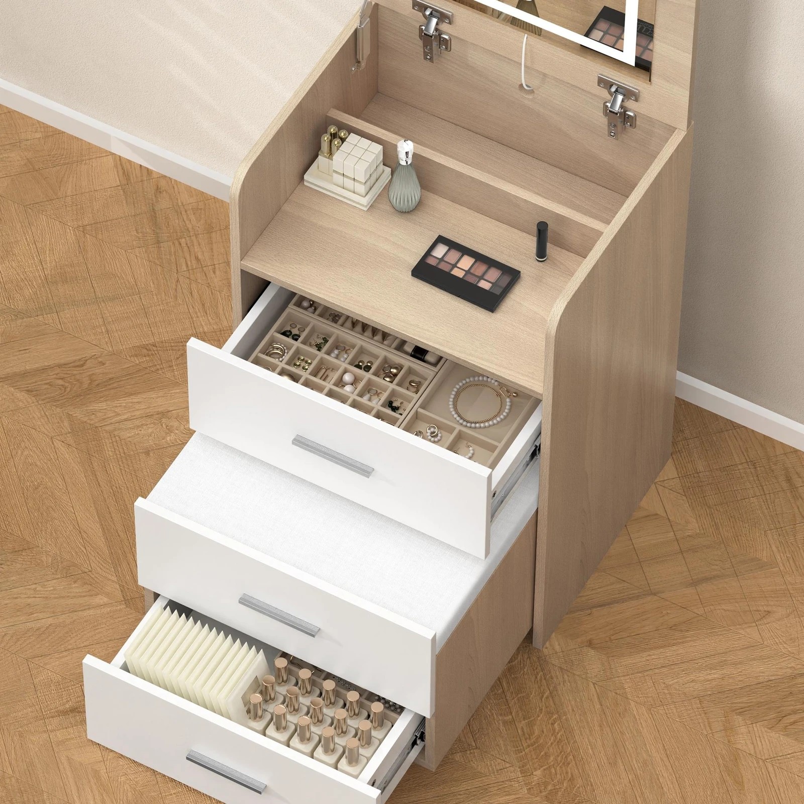 4 Alfordson 2x Dressing Table Stool Set 2-In-1 Makeup Mirror Vanity Desk - Natural, 4 of 10