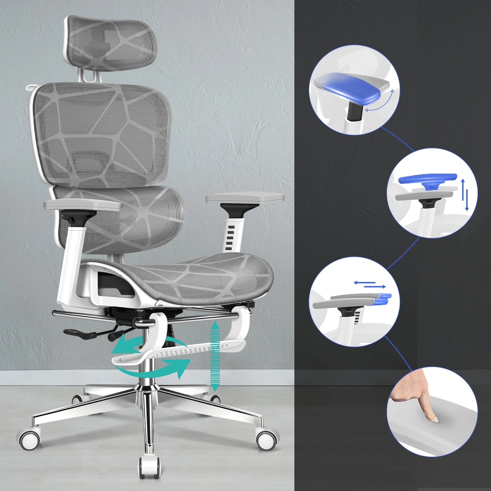 6 Alfordson Ergonomic Office Chair Mesh Executive Gaming Work Seat - White Grey, 6 of 10