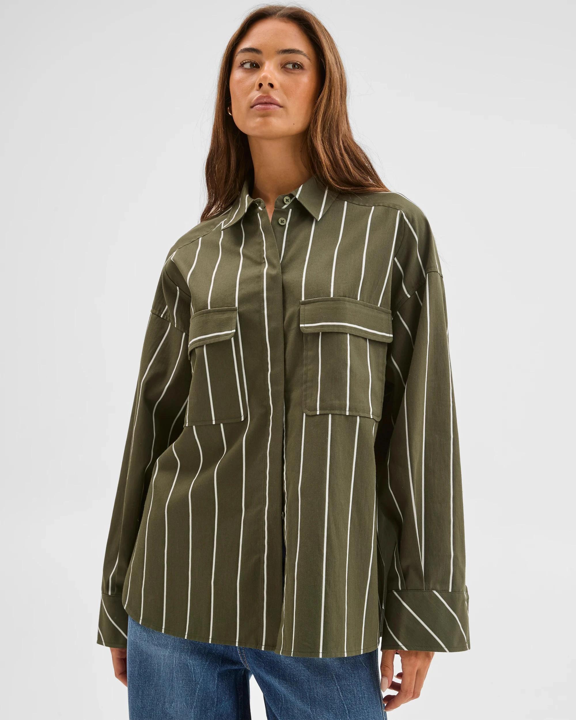 6 Lily Loves Australian Cotton Blend Oversized Shirt GREEN STRIPE, 6 of 7