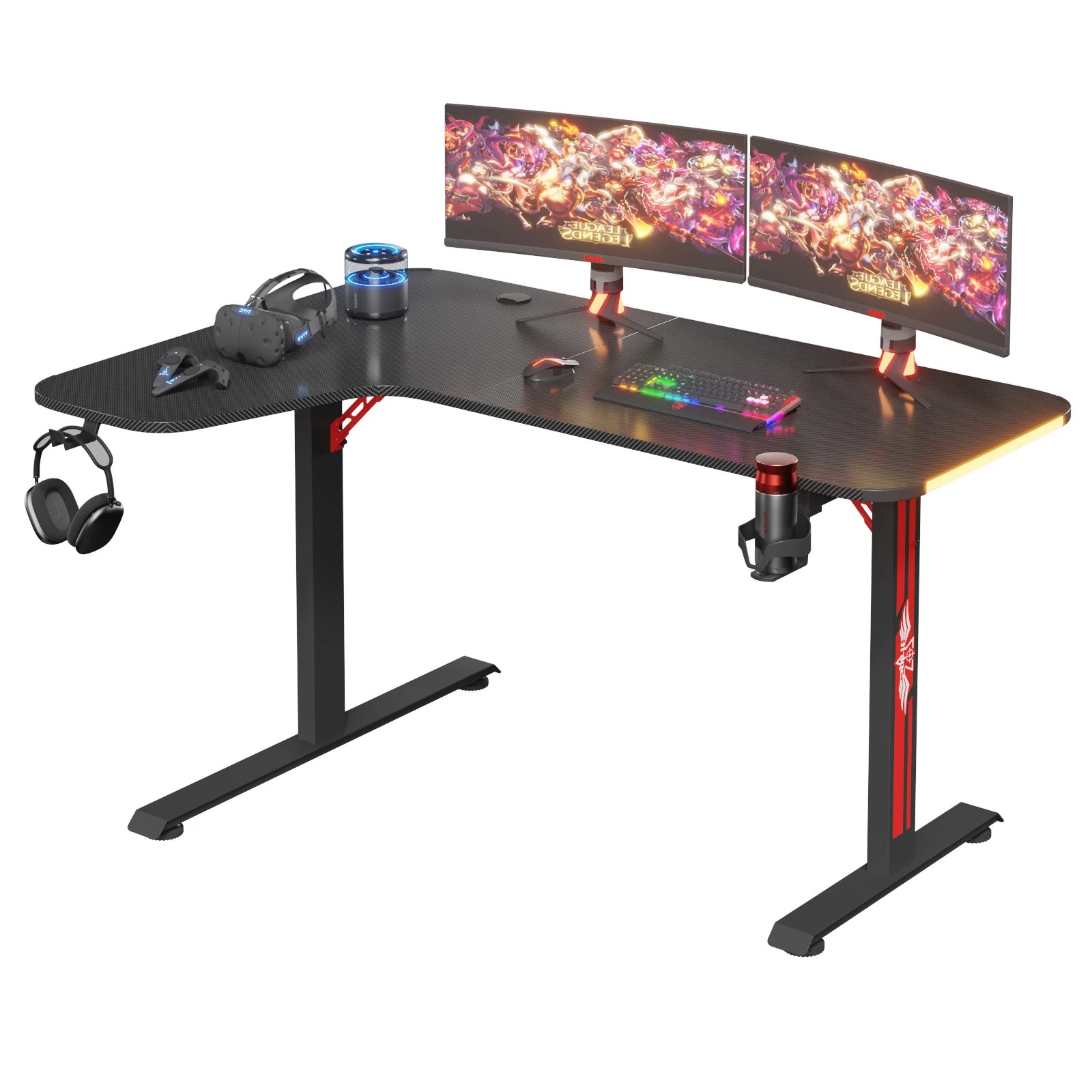2 Advwin 140cm L Shaped Computer Gaming Desk With Rgb Led Light Black, 2 of 6