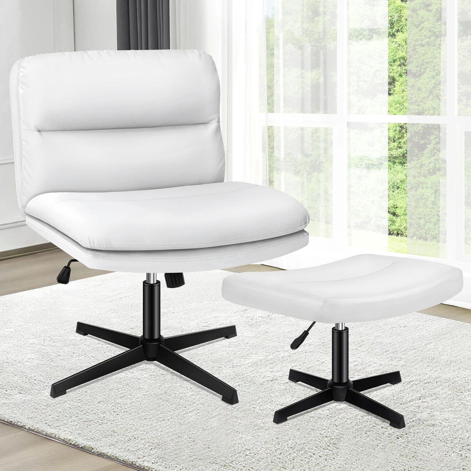 2 Alfordson Office Chair Computer Cross-legged Seat Work Ottoman PU Leather - White, 2 of 10