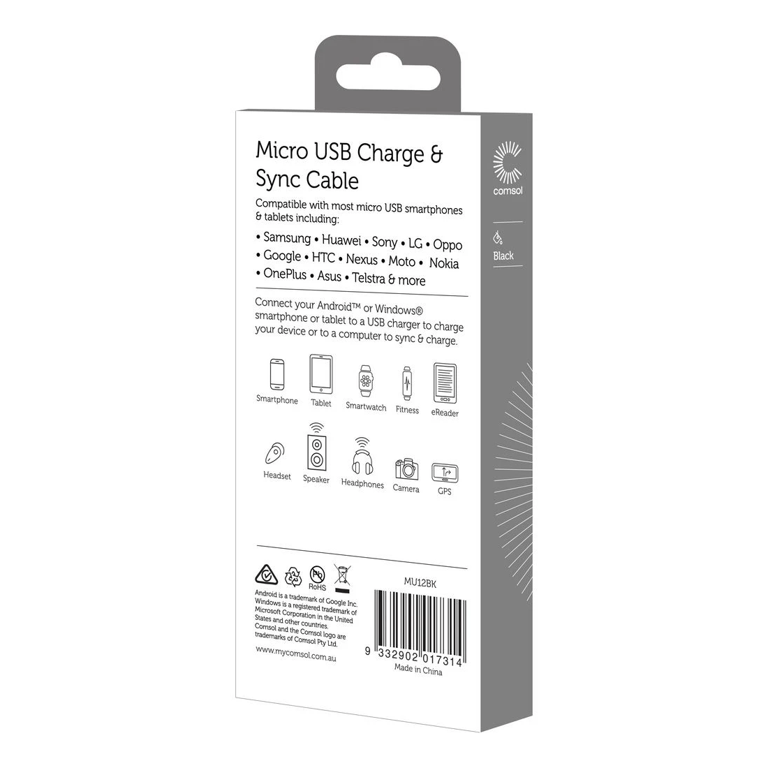 2 Comsol Micro USB Charge and Sync Cable 1.2m Black, 2 of 3