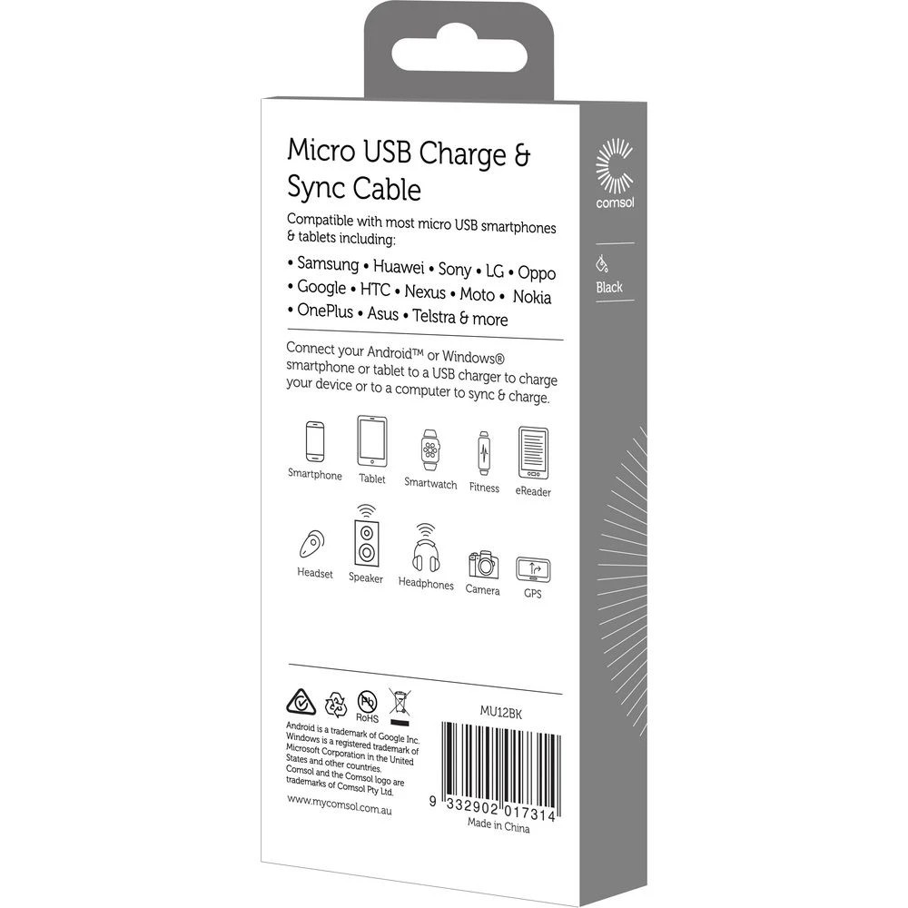 2 Comsol Micro USB Charge and Sync Cable 1.2m Black, 2 of 3