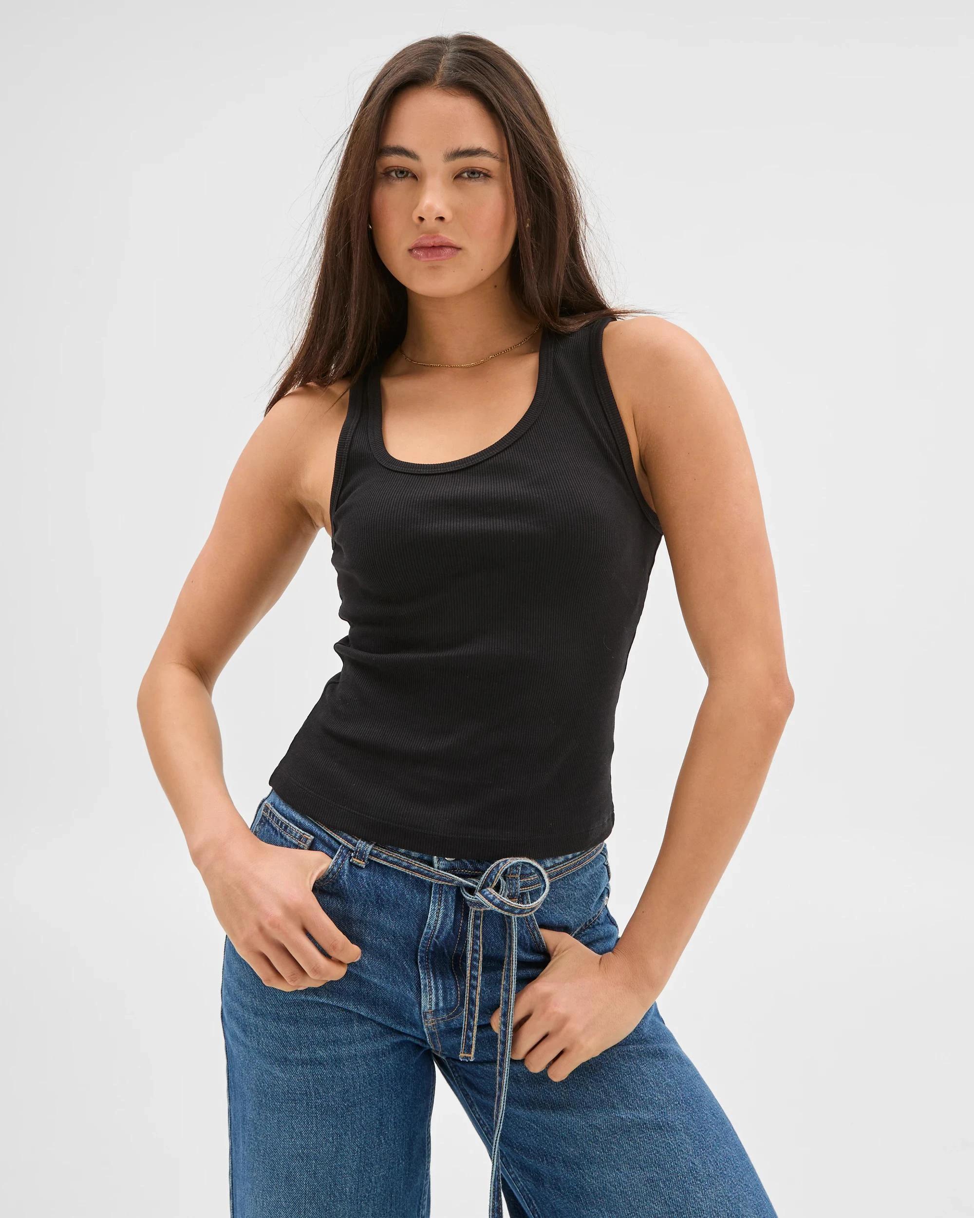 2 Australian Cotton Asymmetrical Neck Tank Top - Lily Loves BLACK, 2 of 5