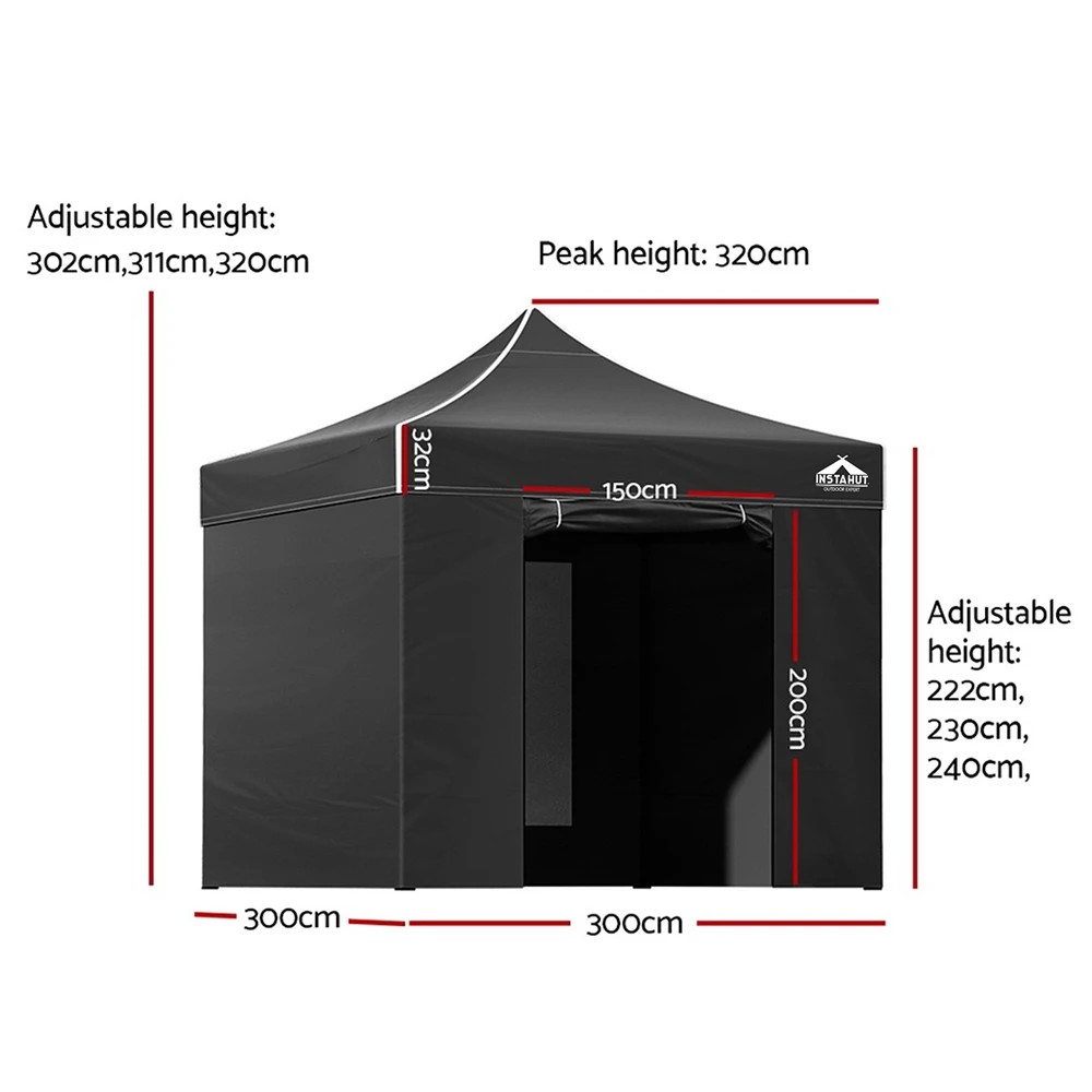 2 Instahut Gazebo 3x3 Pop Up Marquee Folding Tent Wedding Gazebos Camping Outdoor Shade Canopy - Black, 2 of 8