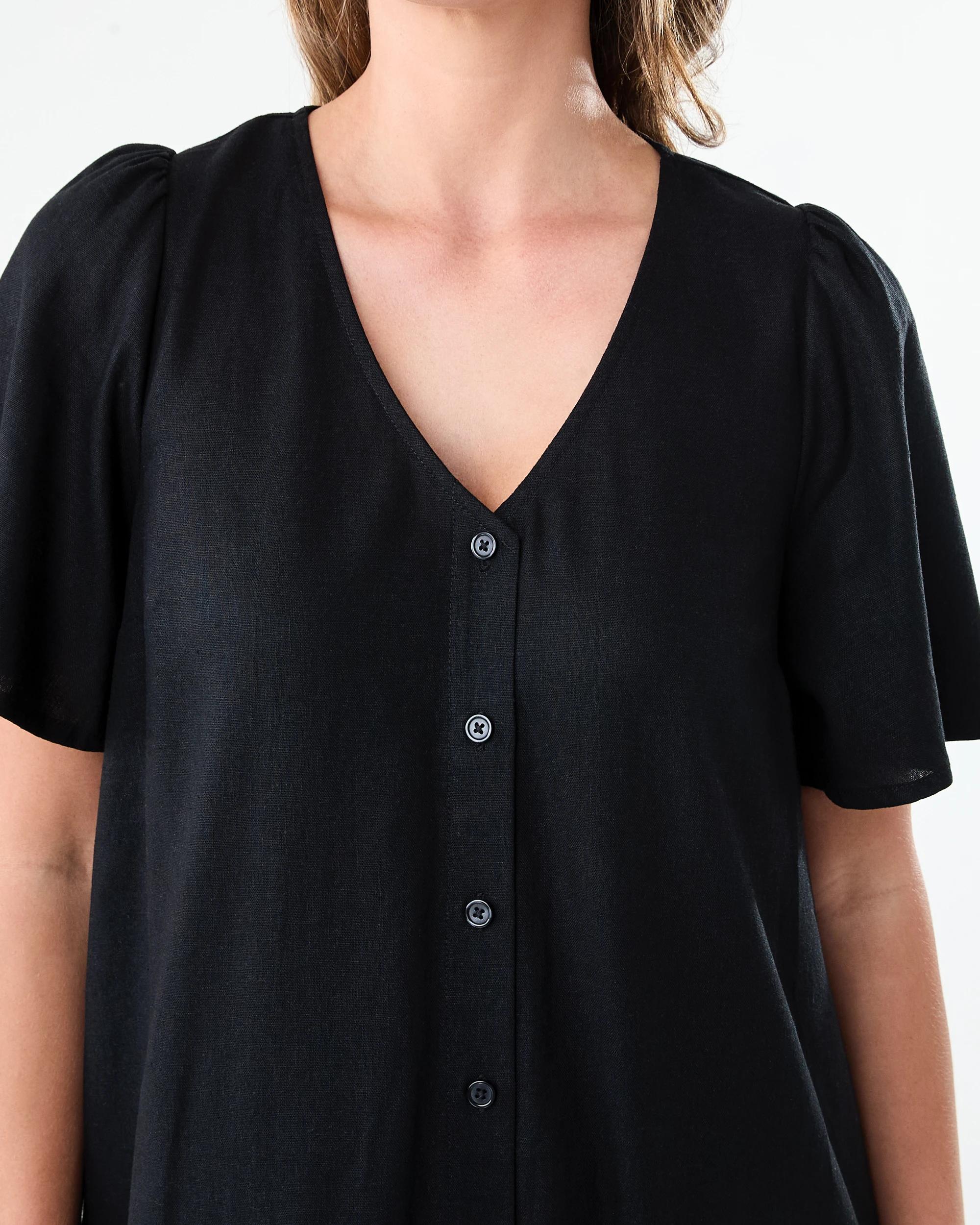 5 Short Sleeve Linen Blend Drop Tier Mini Dress Black, 5 of 8