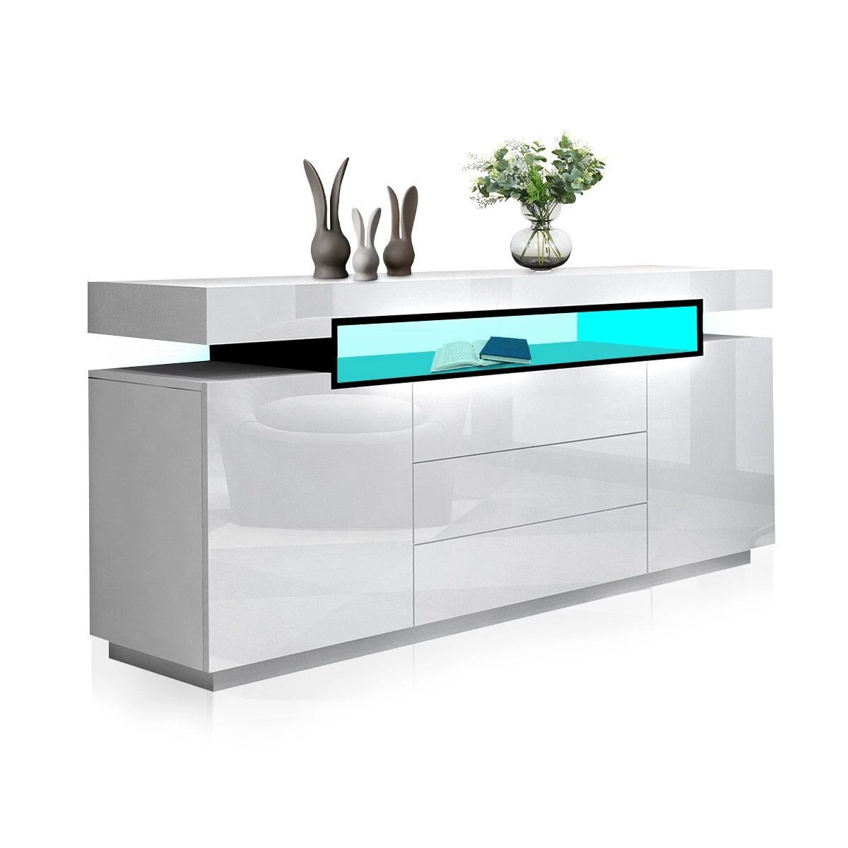 4 Ausway LED Sideboard TV Stand Cabinet Entertainment Unit Buffet Table High Gloss 3 Drawers, 4 of 8